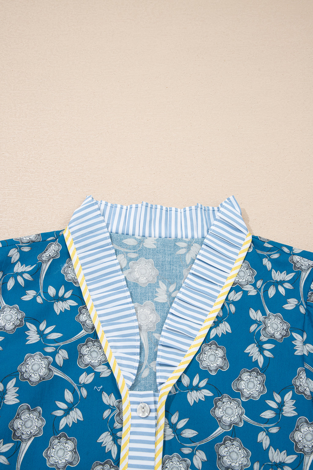 Blue Striped Trim Half Button Short Sleeve Floral Mini Dress S-XL