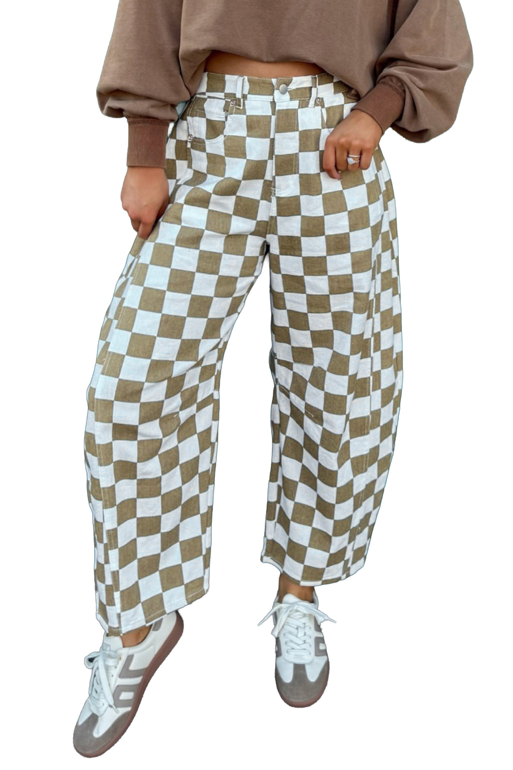 White Checkered Denim Barrel Pants Relaxed Fit Women UK 4-16