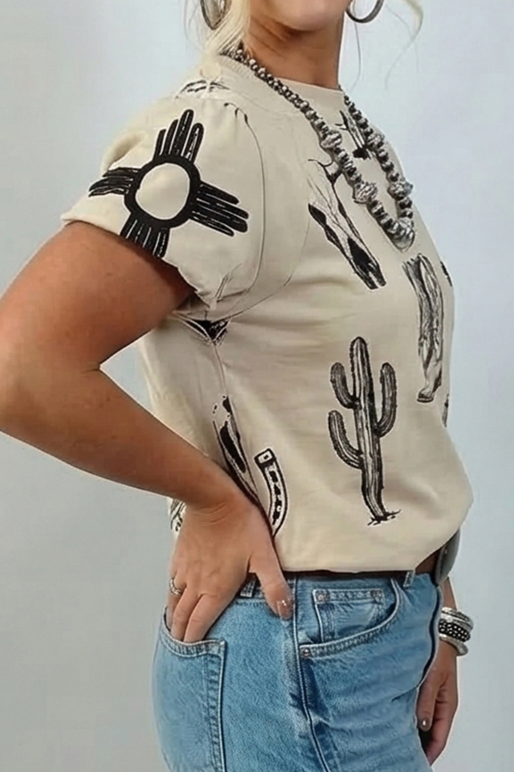 Beige Retro Western Print T-Shirt Cowboy Boots Cactus Short Sleeve Women S-XL