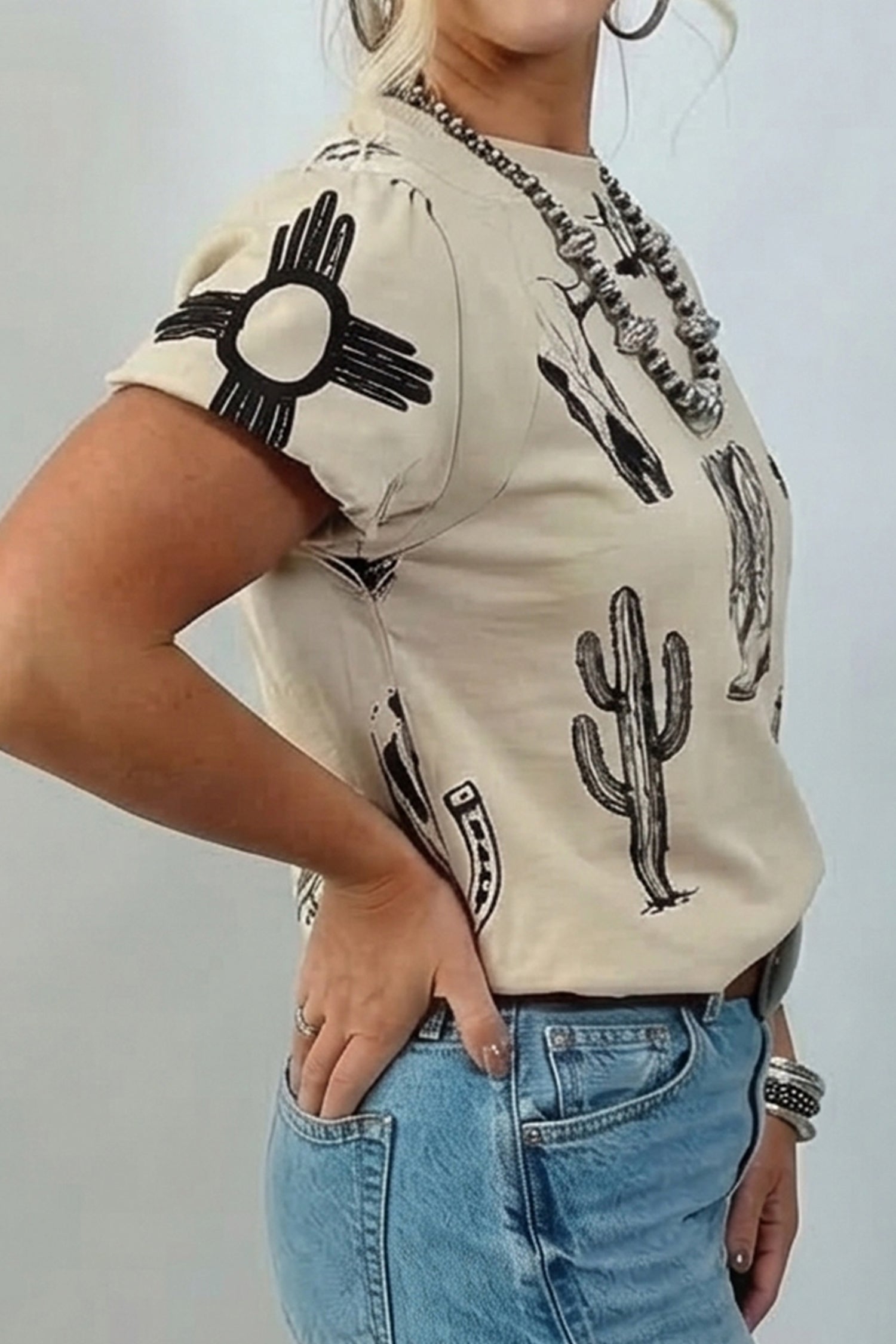 Beige Retro Western Print T-Shirt Cowboy Boots Cactus Short Sleeve Women S-XL