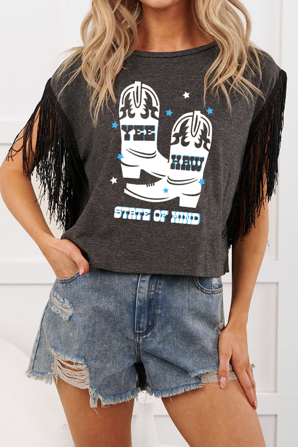 Women's Carbon Grey YEE HAW Fringed Sleeve Western Graphic Tee at LivelyLooks