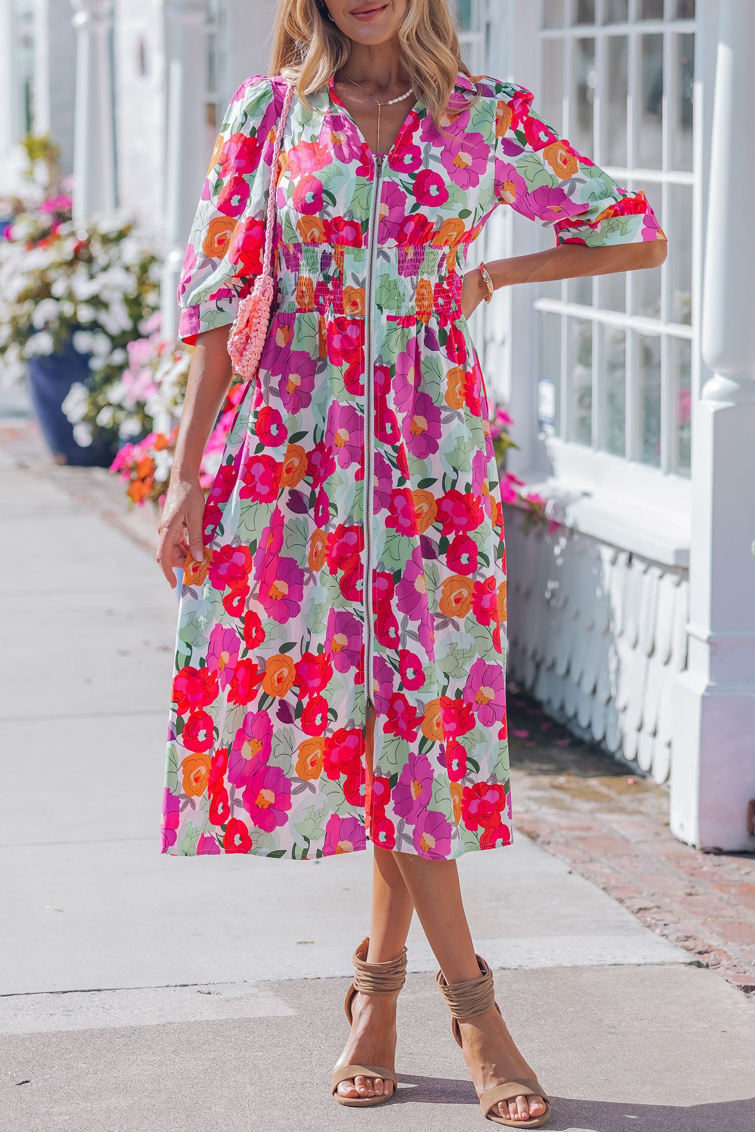 Rose Floral Print Zip Front Shirred Waist Flared Half Sleeve Midi Dress S-XL