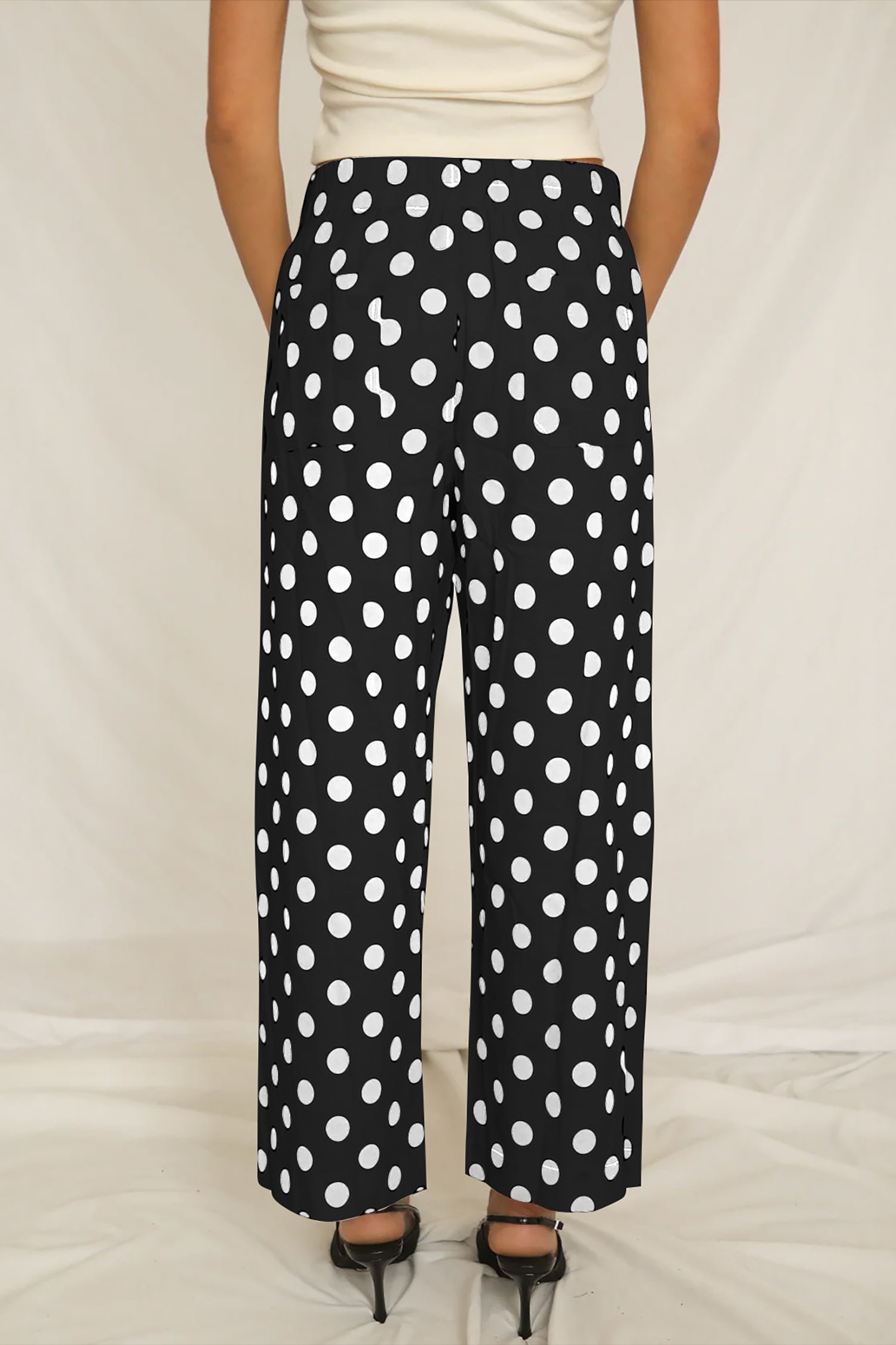 Shop Polka Dot Patched Pocket Mid-Rise Straight Leg Trousers S-XL at LivelyLooks