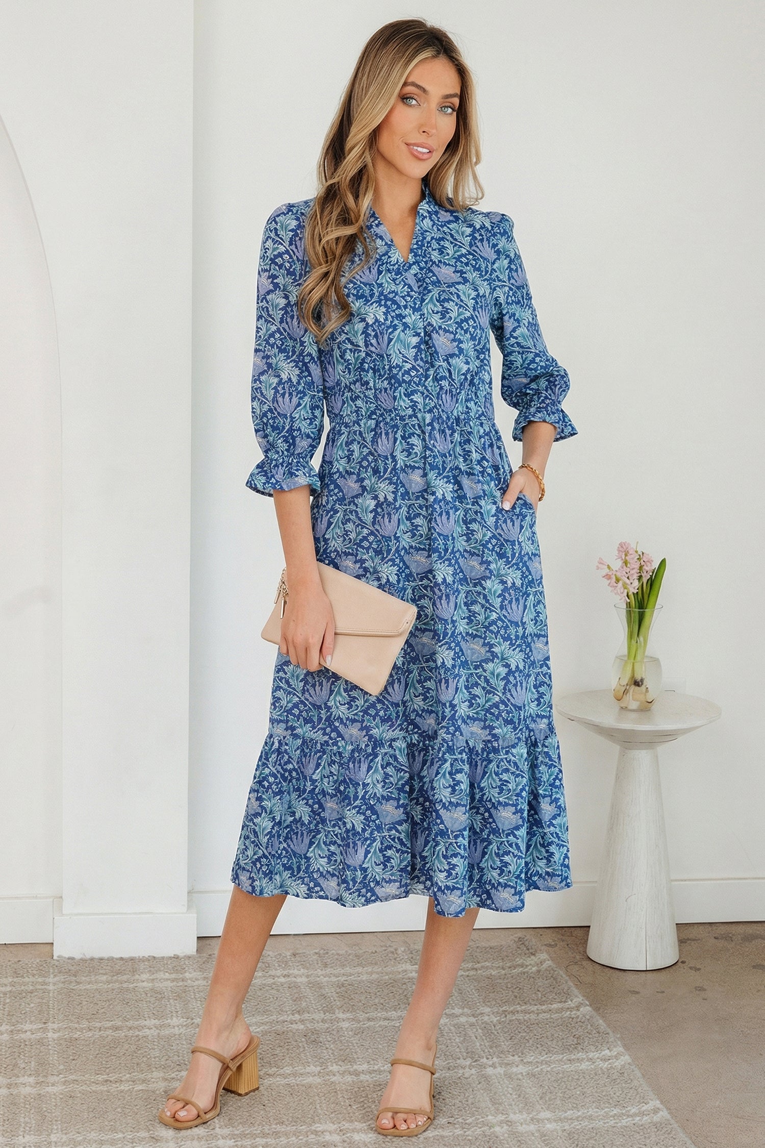 Floral Frilled V Neck Long Dress Bracelet Sleeve Brown Sky Blue Women S-XL
