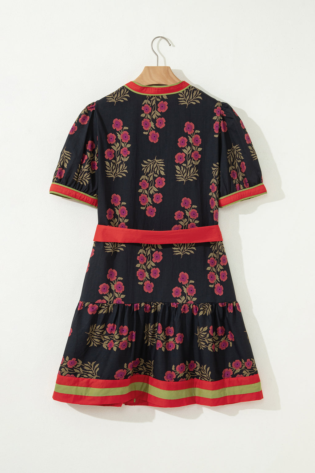 Black Retro Floral Belted Puff Sleeve Button Down Mini Dress