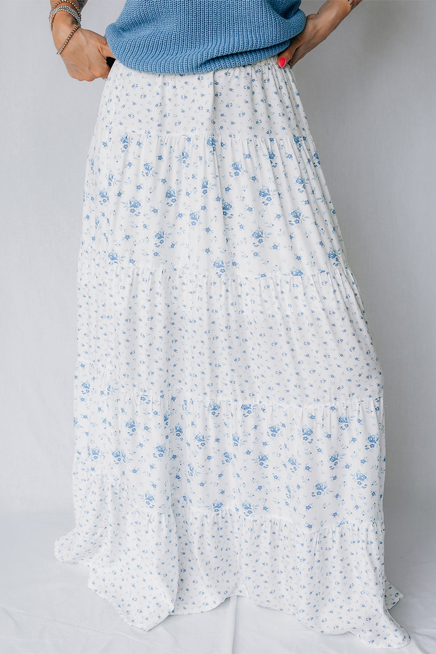 Women's Women's Boho Floral Tiered Maxi Skirt Patchwork Ruffled Elastic Waist White S-XL at LivelyLooks