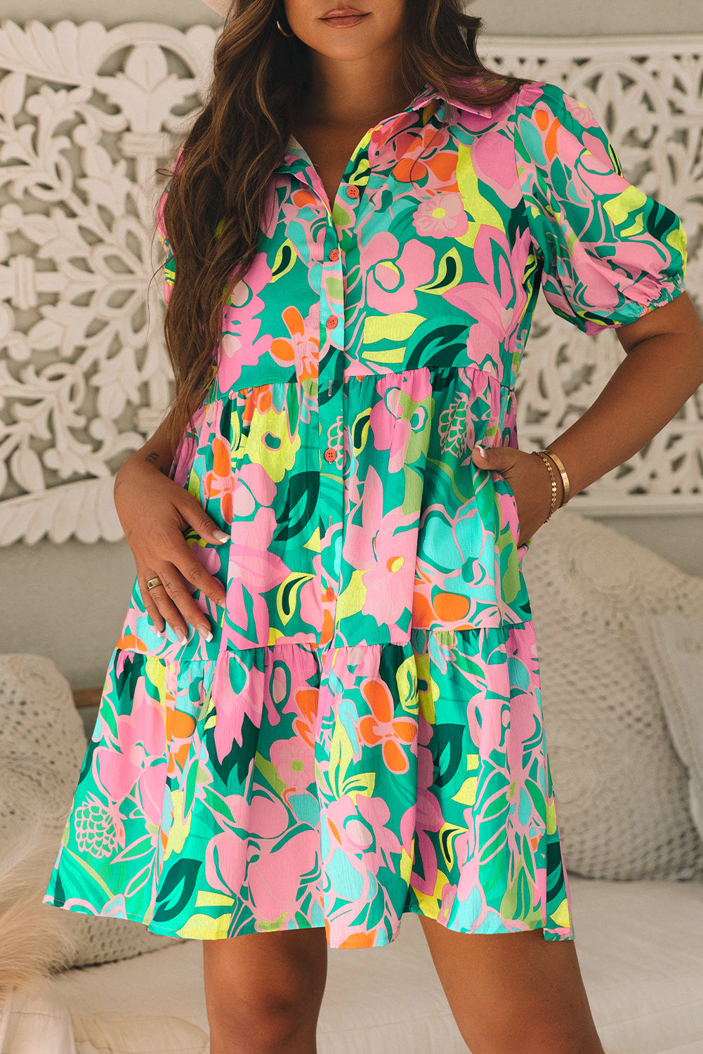 Women's Green Floral Puff Sleeve Collar Buttoned Babydoll Dress Summer Boho Mini Sundress at LivelyLooks