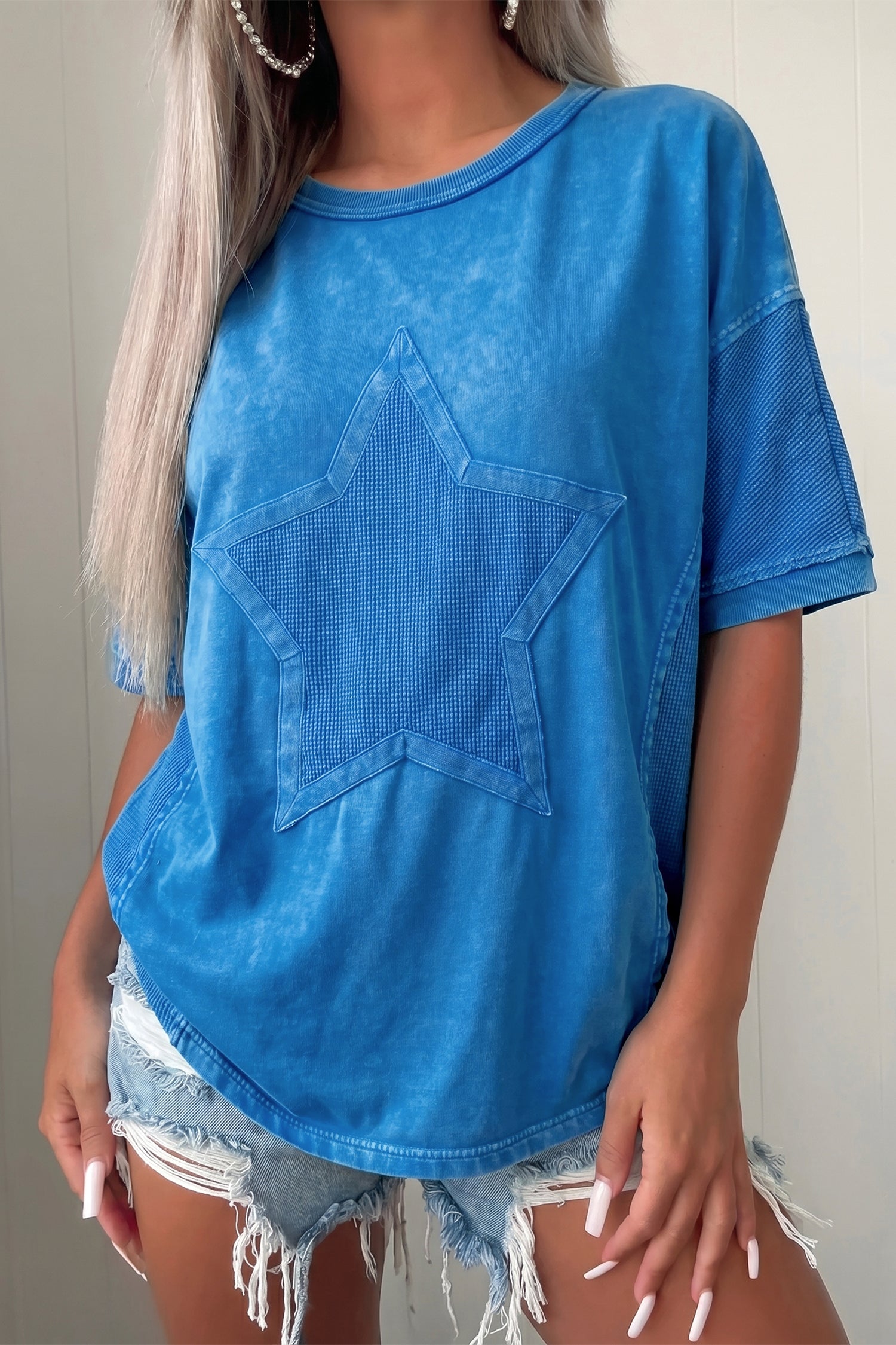 Blue Mineral Wash Star Mesh Patchwork Oversized Tee