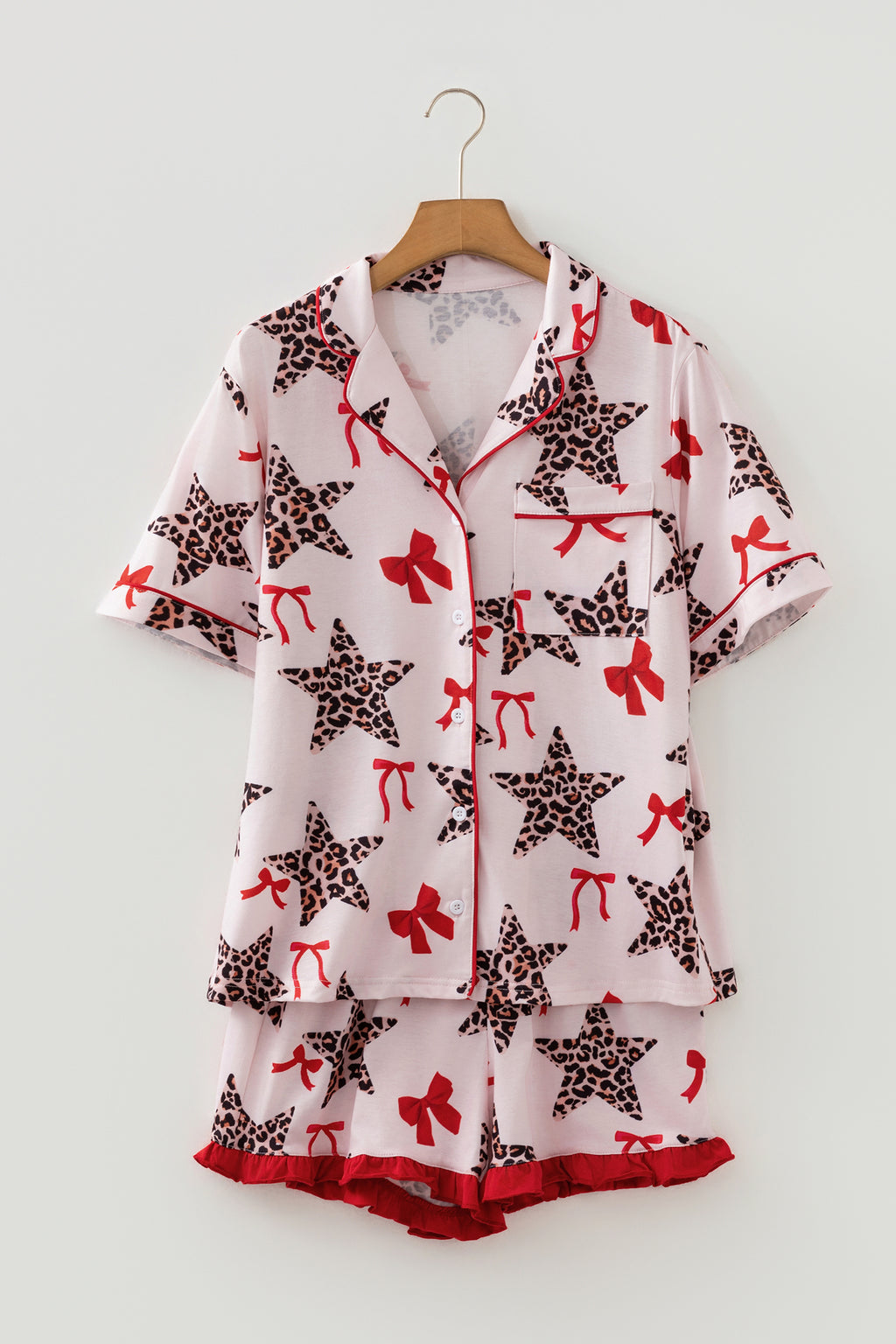 White Leopard Star & Bow Print Short Pyjama Set | Sizes 8-22