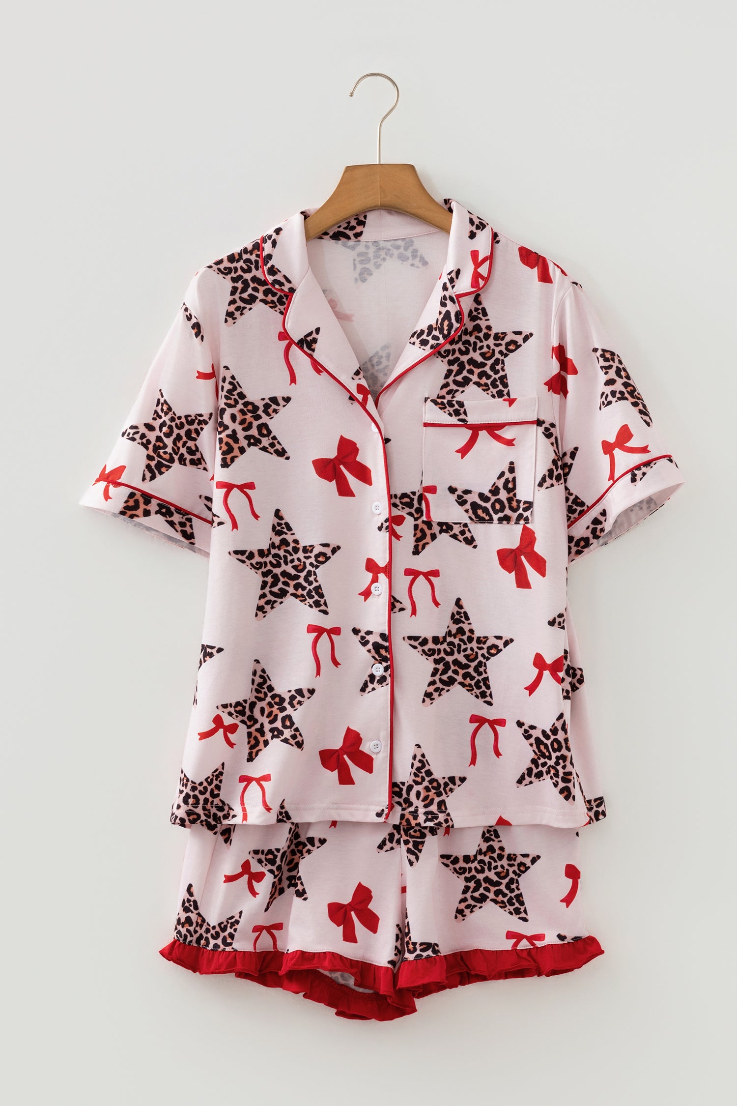 White Leopard Star & Bow Print Short Pyjama Set | Sizes 8-22