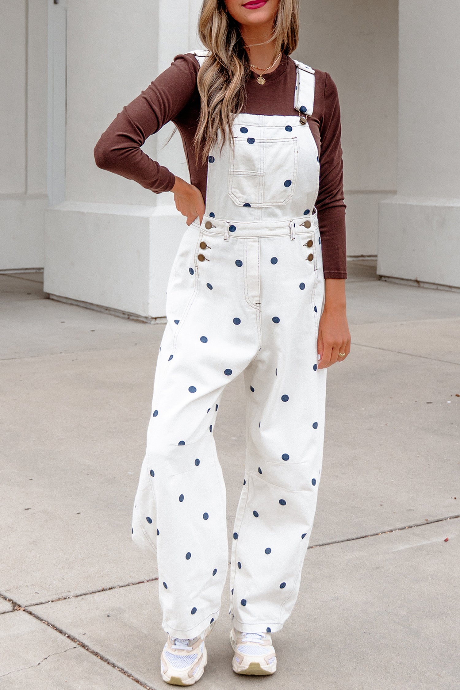 Polka Dot Denim Barrel Overalls Jumpsuit | Cream Beige Pink UK 8–22