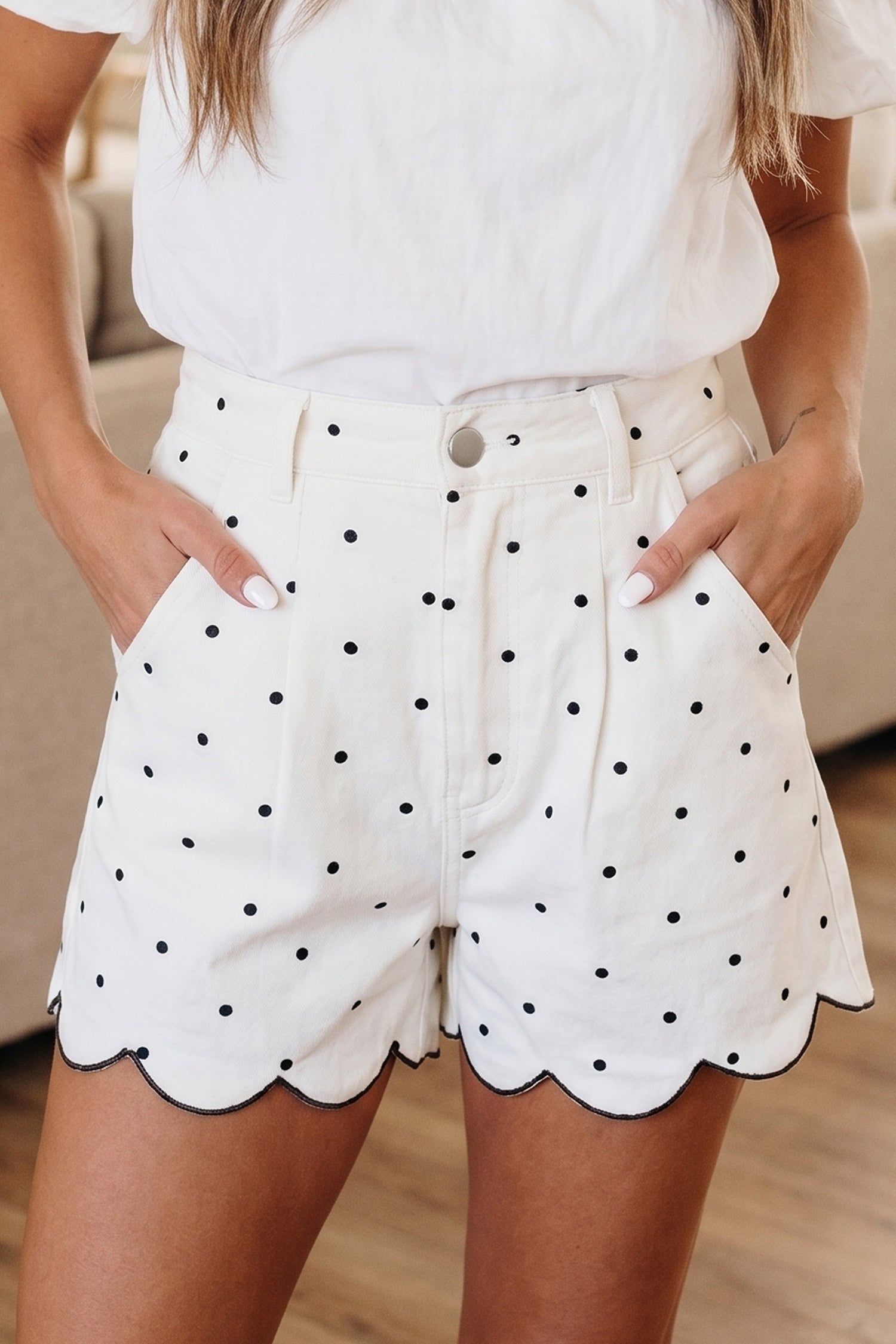 Women's White Polka Dot Embroidered Scallop Hem Shorts | UK 8-20 at LivelyLooks