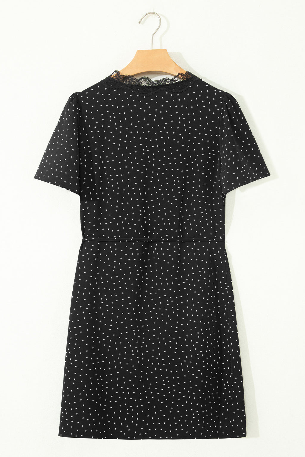 Shop Black Polka Dot Lace Trim Wrap Mini Dress | UK Sizes 8-20 at LivelyLooks