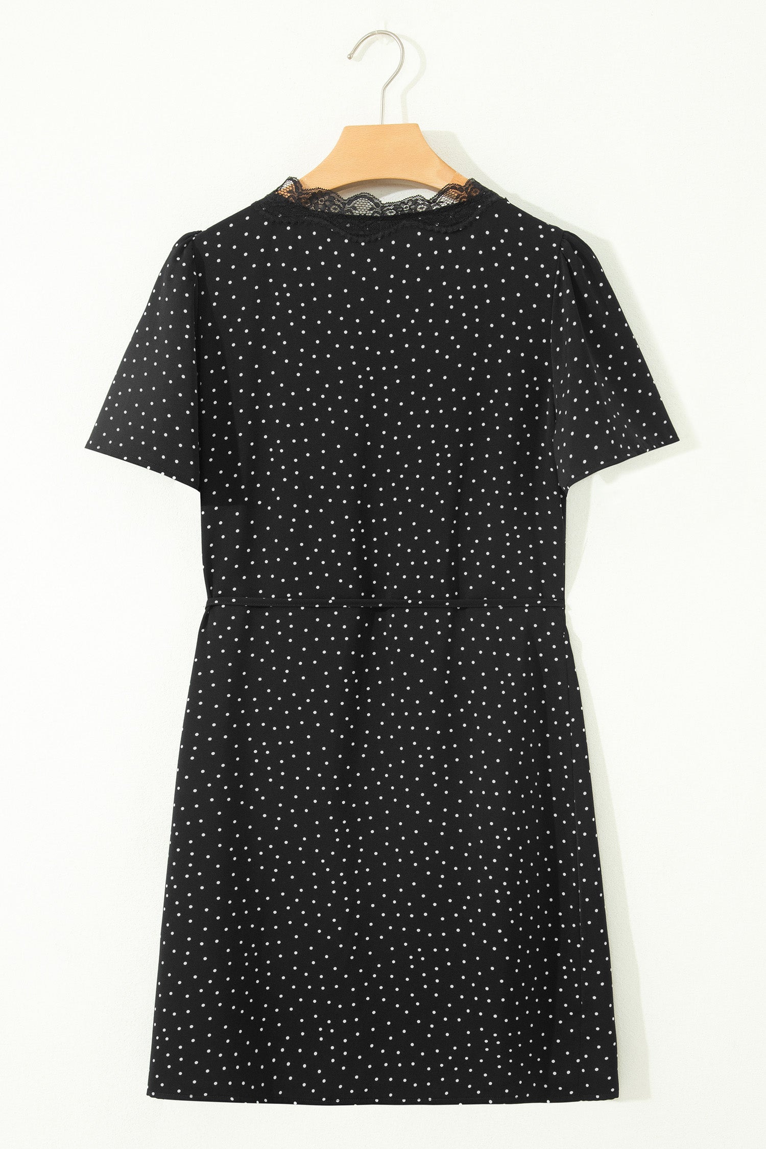 Shop Black Polka Dot Lace Trim Wrap Mini Dress | UK Sizes 8-20 at LivelyLooks