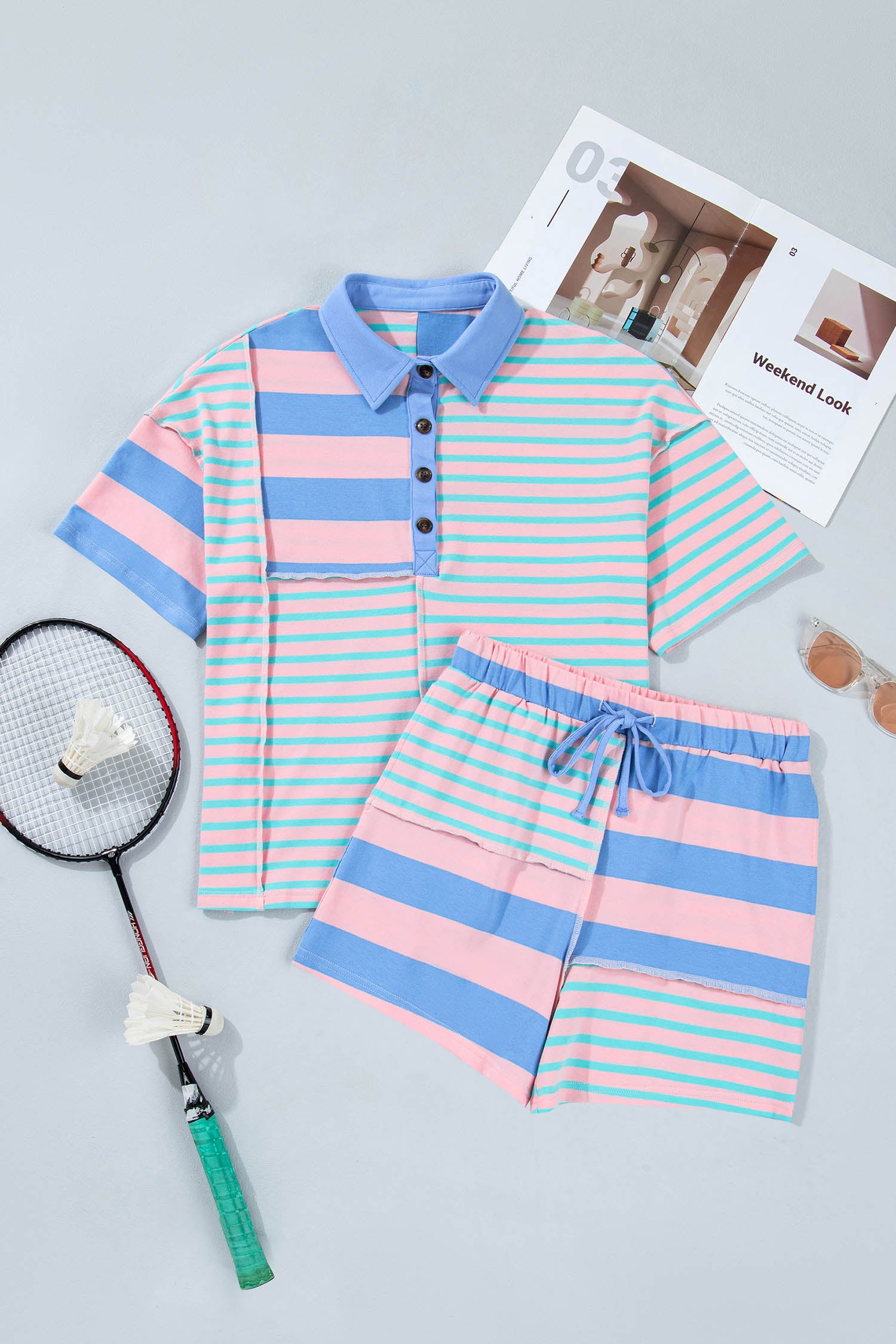 Striped Patchwork Exposed Seam Loose Short Set – Pink
