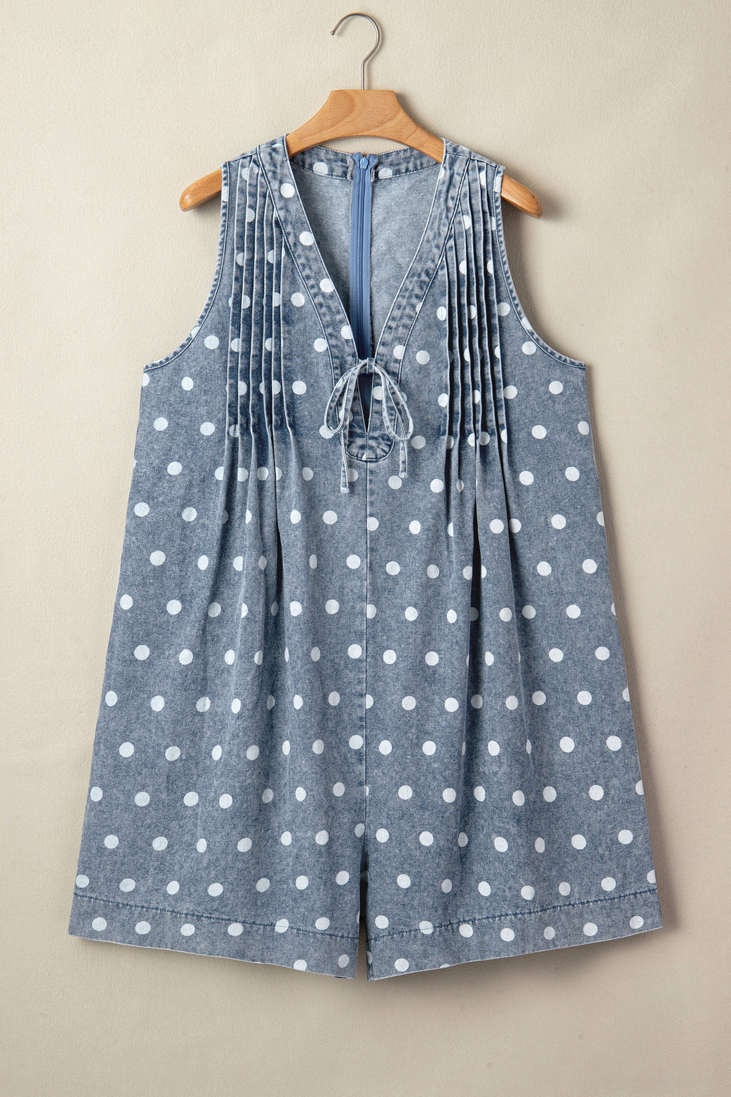 Women's Sky Blue Polka Dot Denim Romper | Tie V-Neck Pleated Loose Playsuit at LivelyLooks