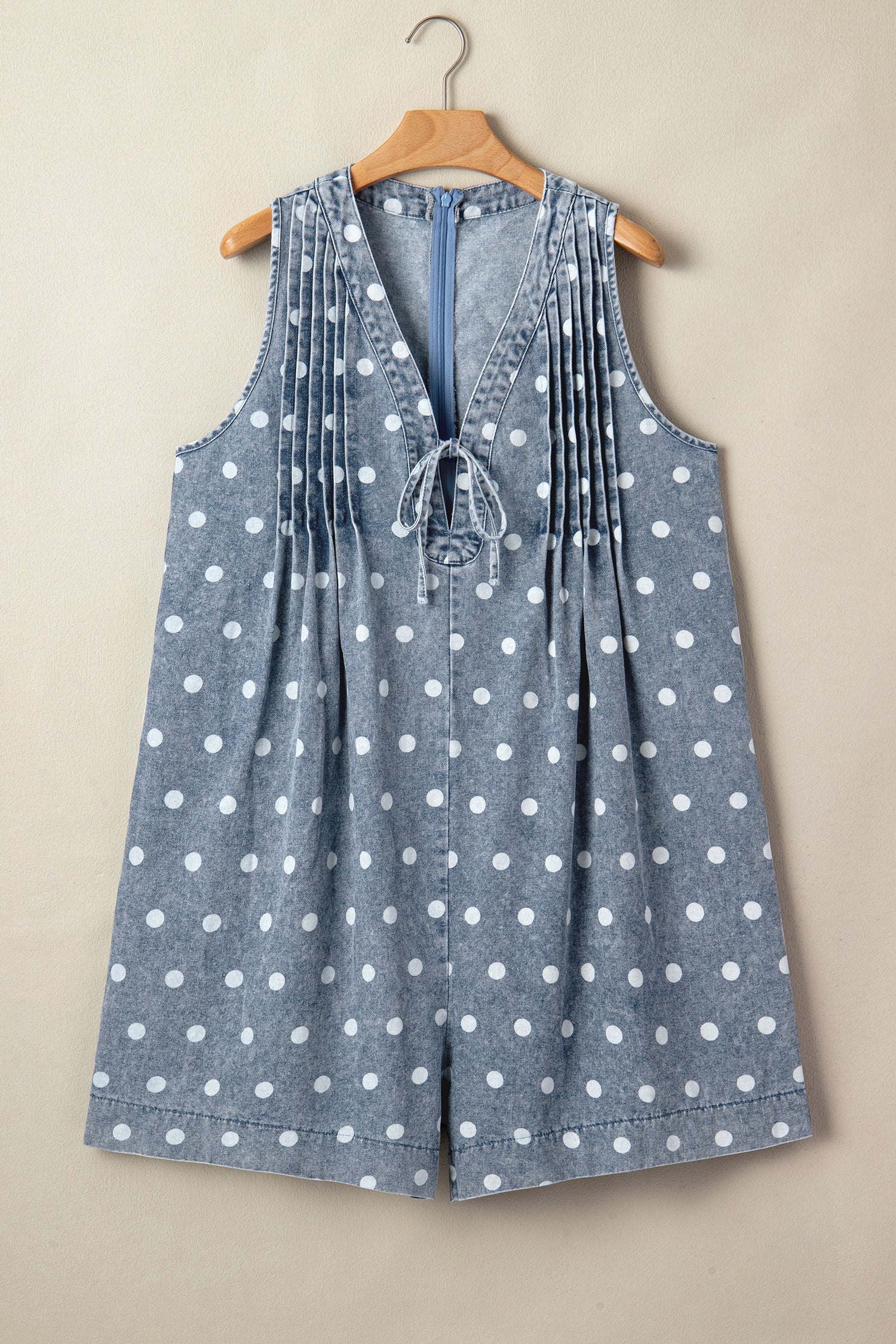 Women's Sky Blue Polka Dot Denim Romper | Tie V-Neck Pleated Loose Playsuit at LivelyLooks