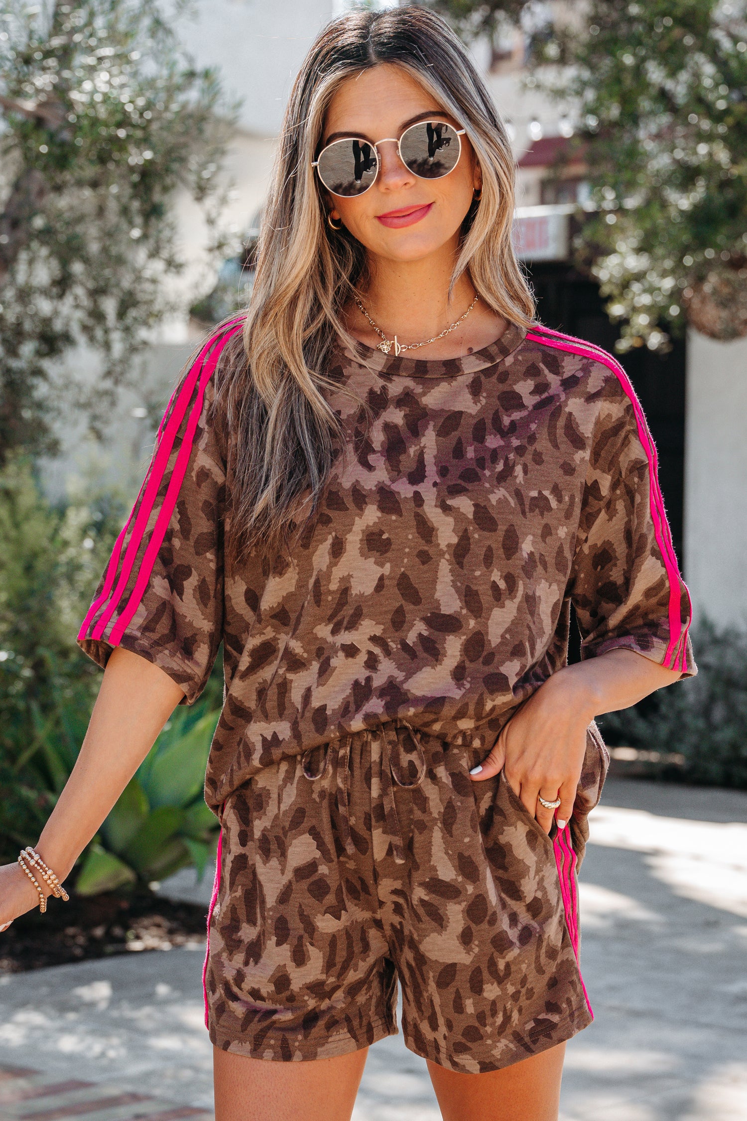 Brown Contrast Striped Accent Leopard Short Set | UK 8–22