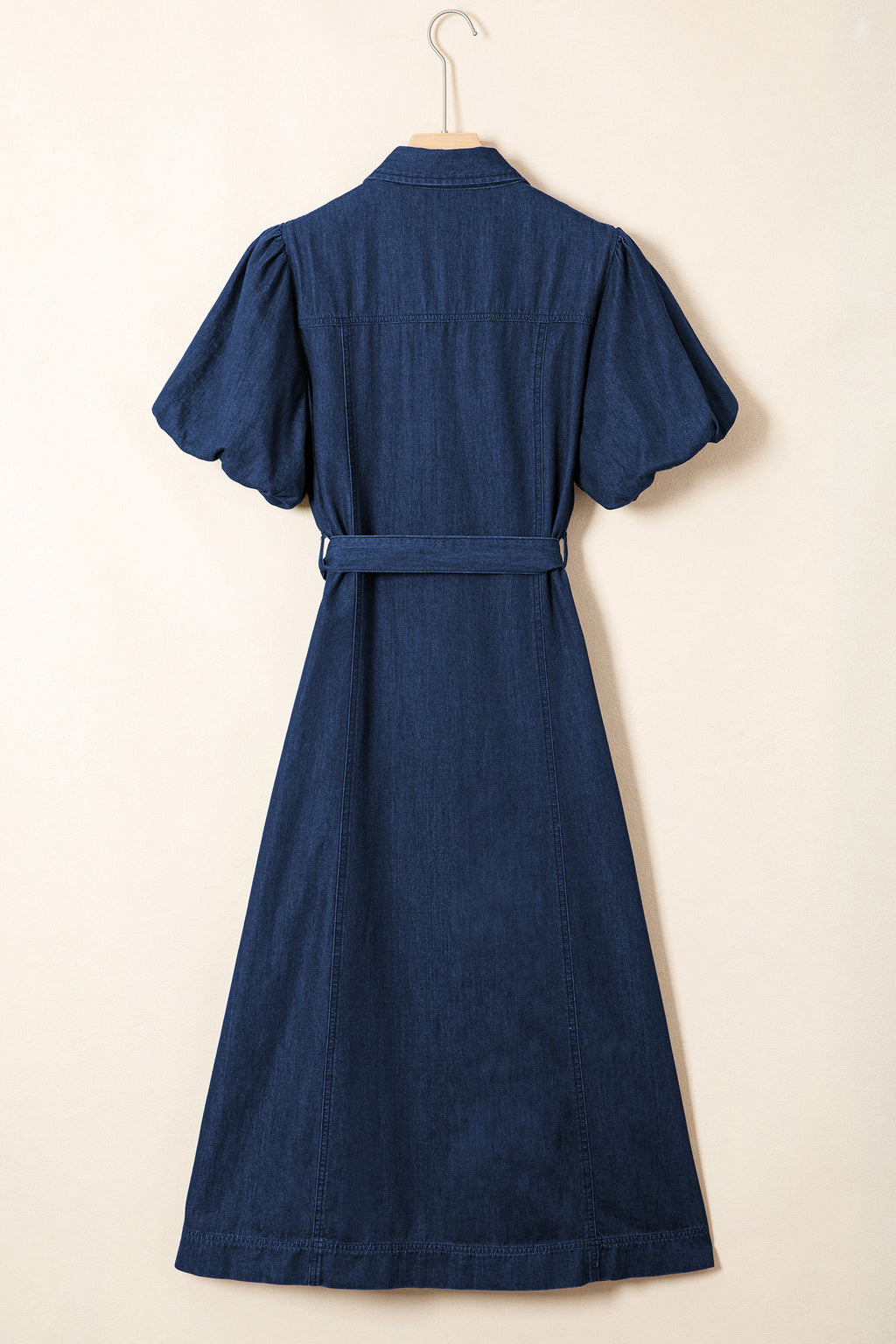 Women's Blue Button-Down Collared Bubble Sleeve Long Denim Dress at LivelyLooks