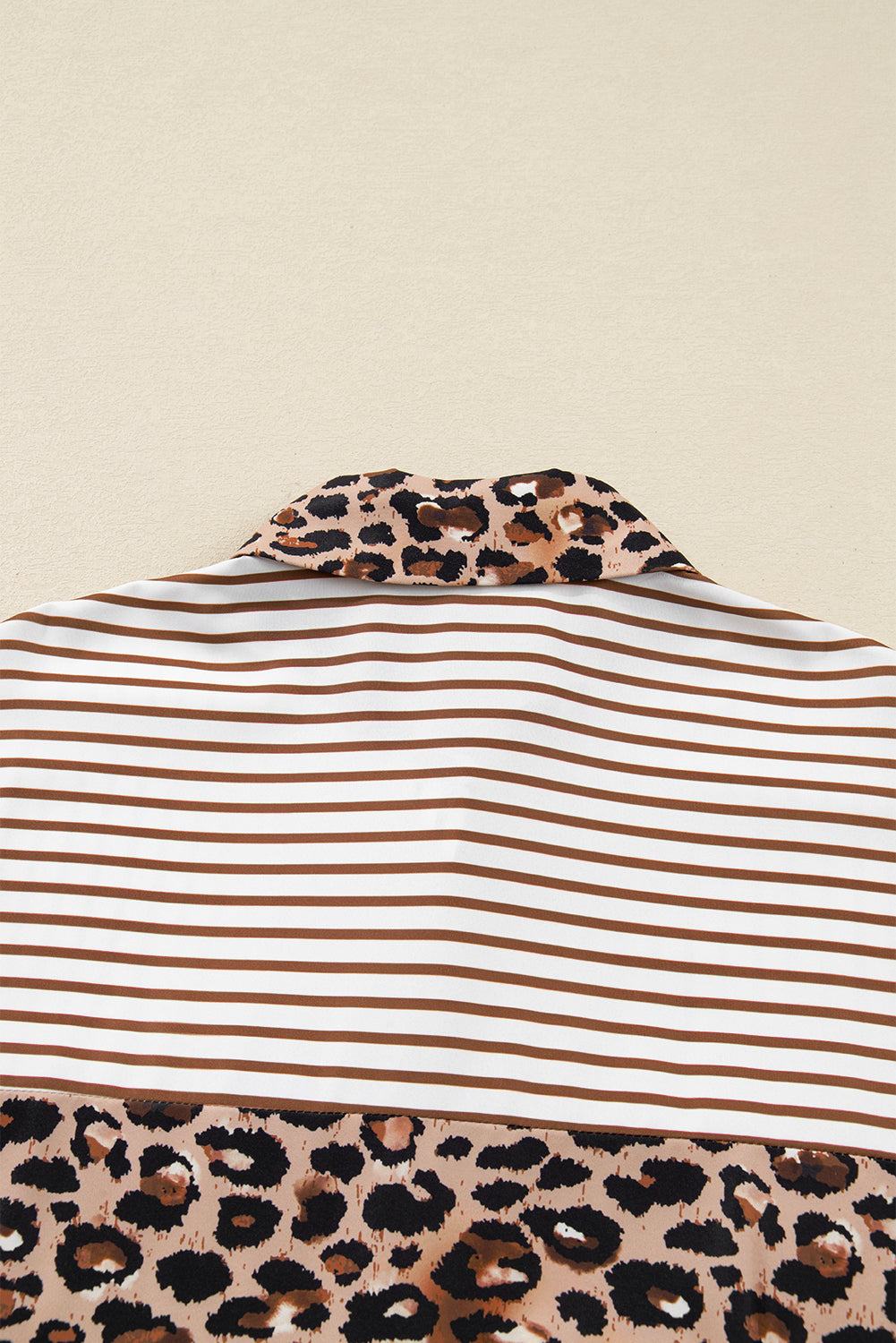 Women's Brown Stripe Contrast Leopard Patchwork Long Shirt Dress with Slits at LivelyLooks