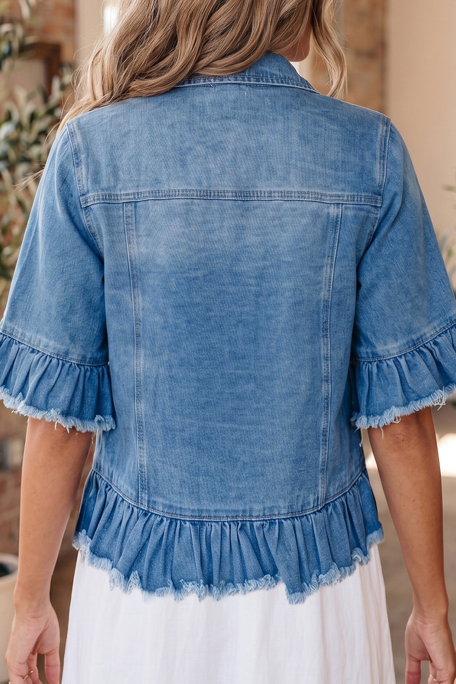 Blue Ruffle Hem Raw Edge Half Sleeve Western Denim Jacket | UK 8–22