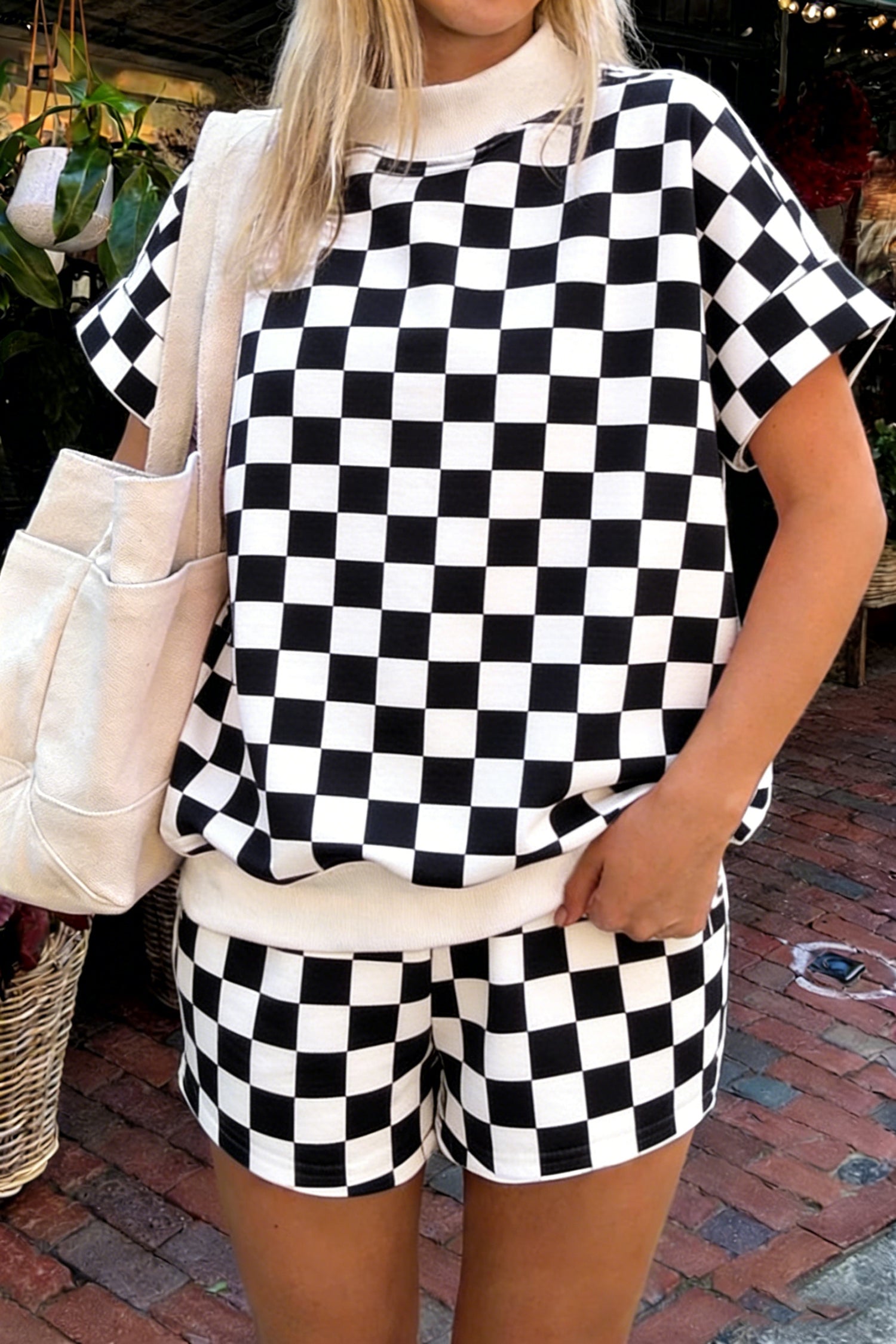 LivelyLooks Pink Checkered Print Colour Block Trim Mock Neck Short Set Two Piece Co-ord PJ women's fashion