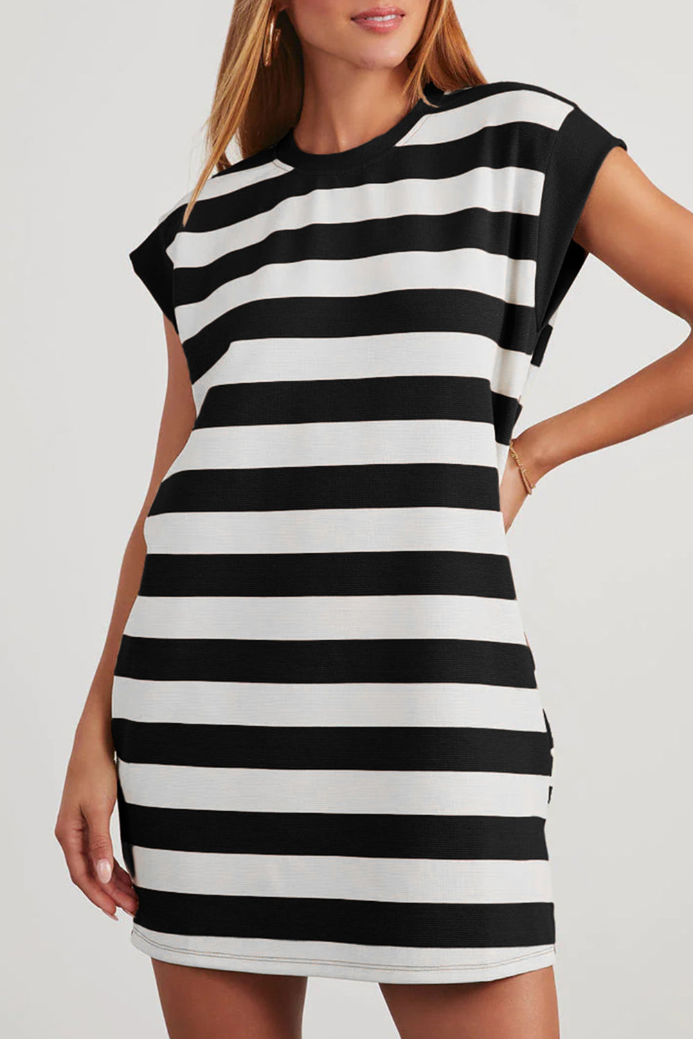 Black Stripe Cap Sleeve Shift T-Shirt Dress | Crew Neck