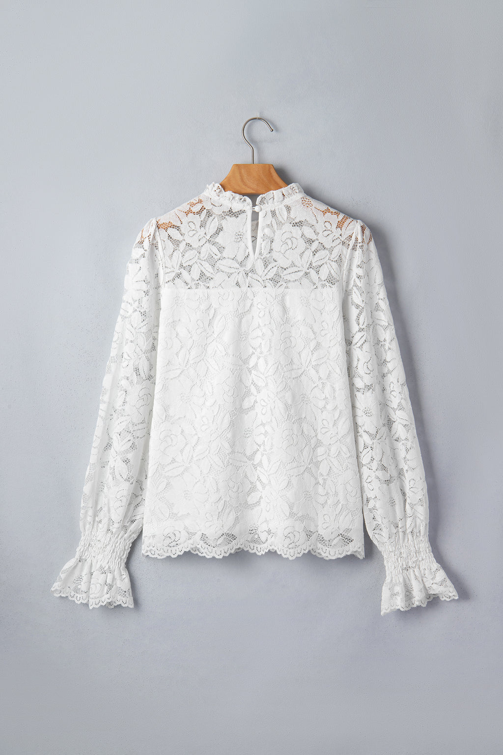 White Sheer Lace Blouse Ruffled Round Neck Long Flounce Sleeve Women S-XL