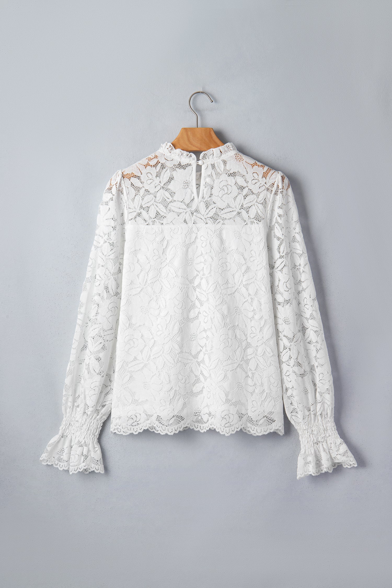 White Sheer Lace Blouse Ruffled Round Neck Long Flounce Sleeve Women S-XL