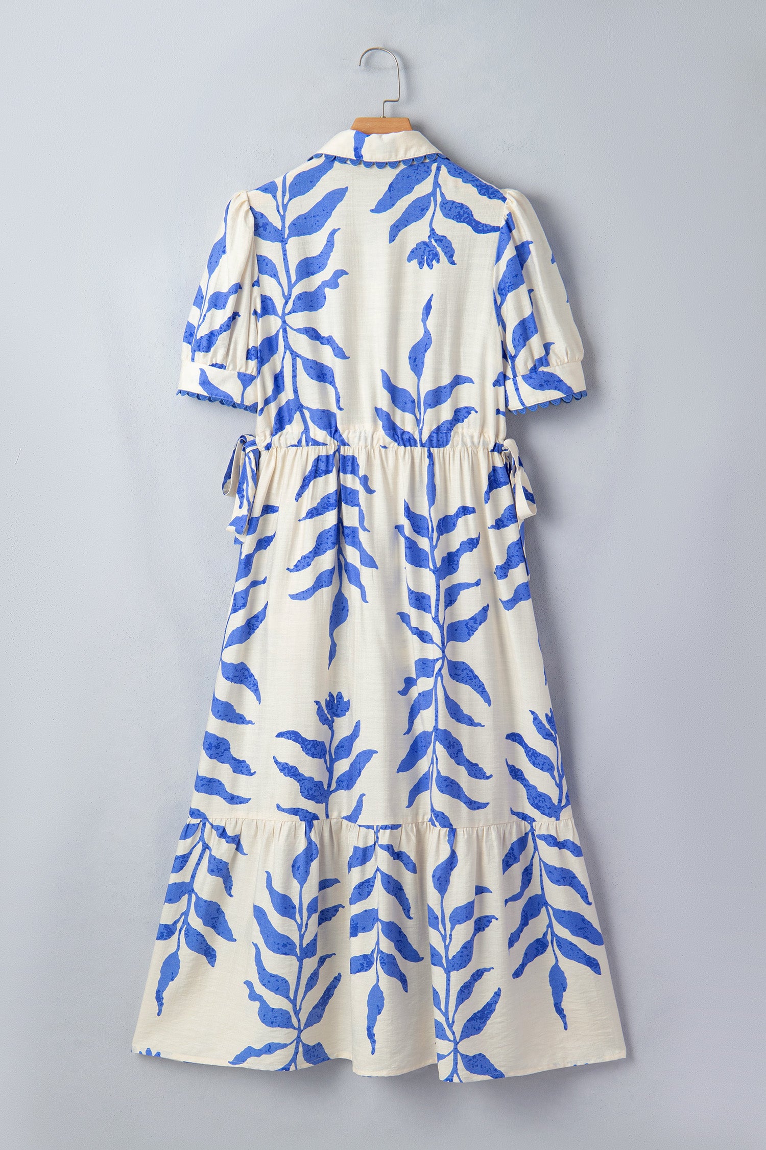 Sky Blue Leafy Botanical Print Side Tie Button Down Maxi Dress S-XL