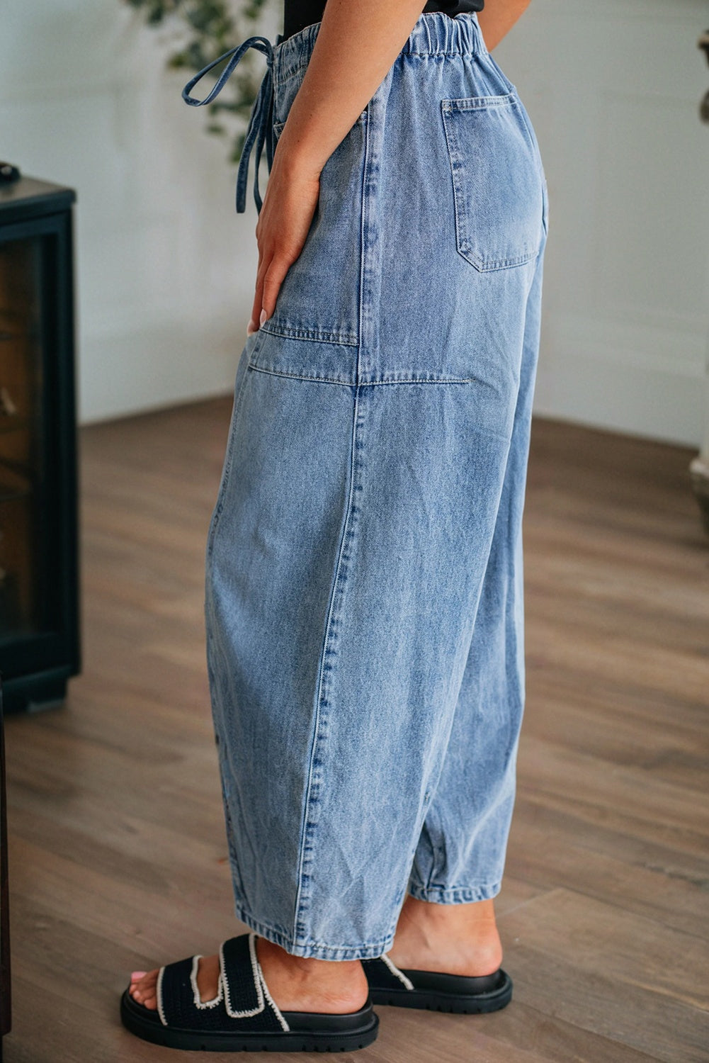 Shop Myosotis Large Patch Pocket Drawstring Paperbag Waist Barrel Jeans at LivelyLooks