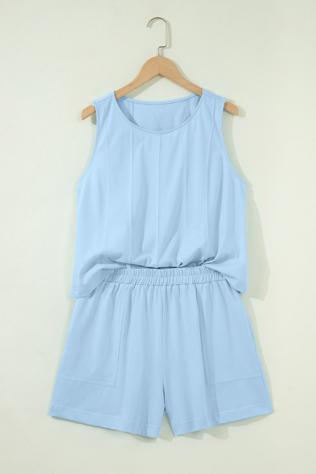 Women's Stitched Detail Tank Top & Shorts Co-ord Set Pink Mist Blue S-XL