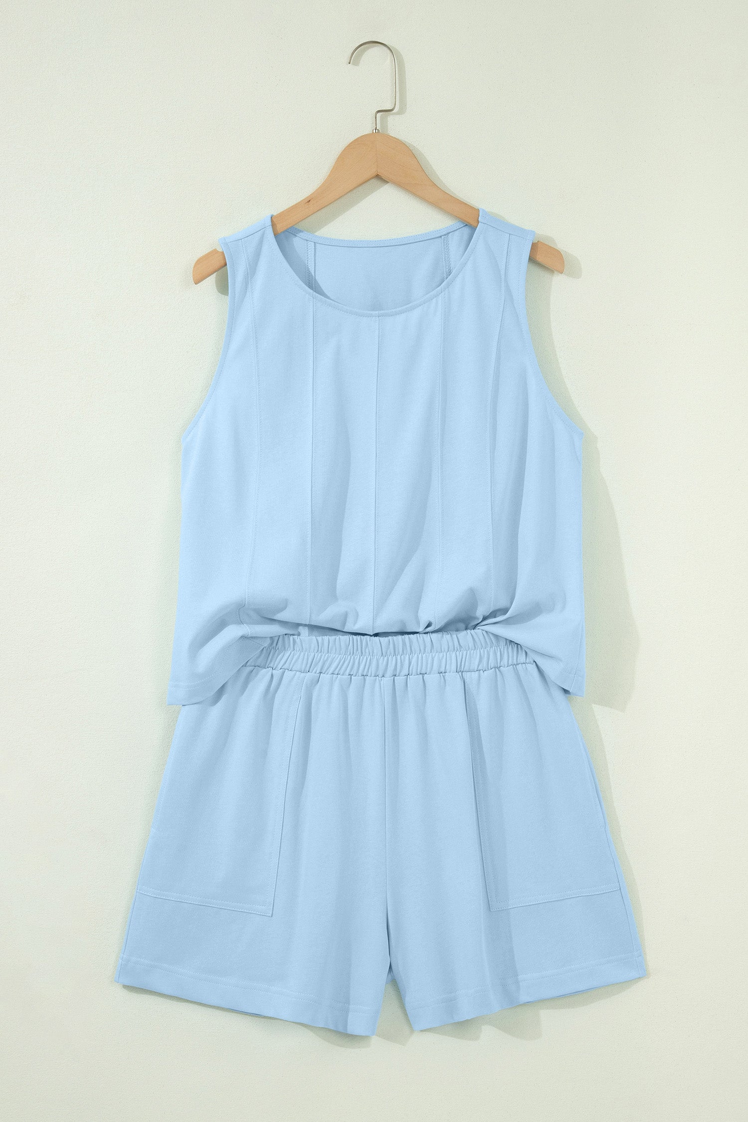 Women's Stitched Detail Tank Top & Shorts Co-ord Set Pink Mist Blue S-XL