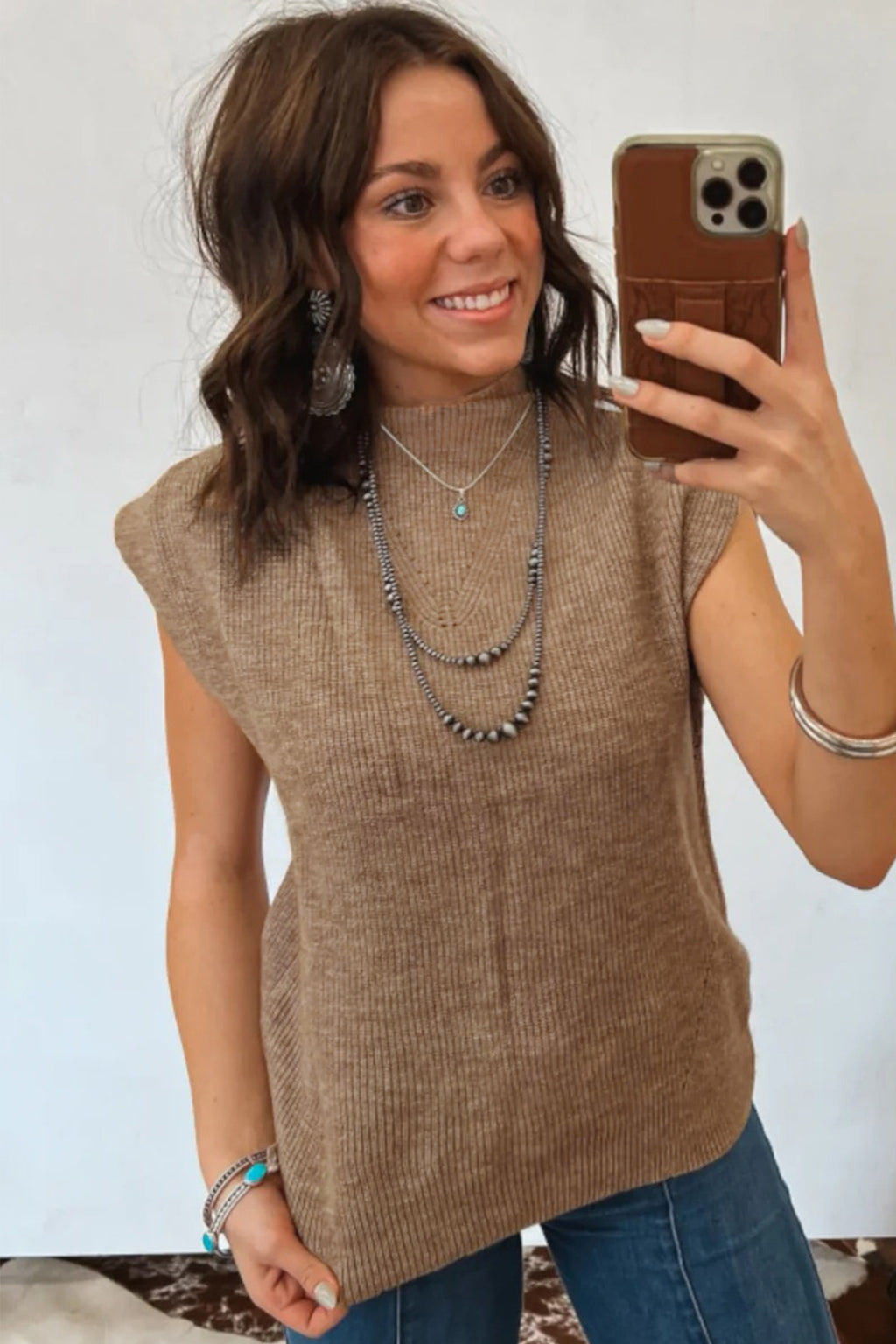 Women's Light French Beige Solid Color Ribbed Knit Mock Neck Loose Sleeveless Sweater at LivelyLooks