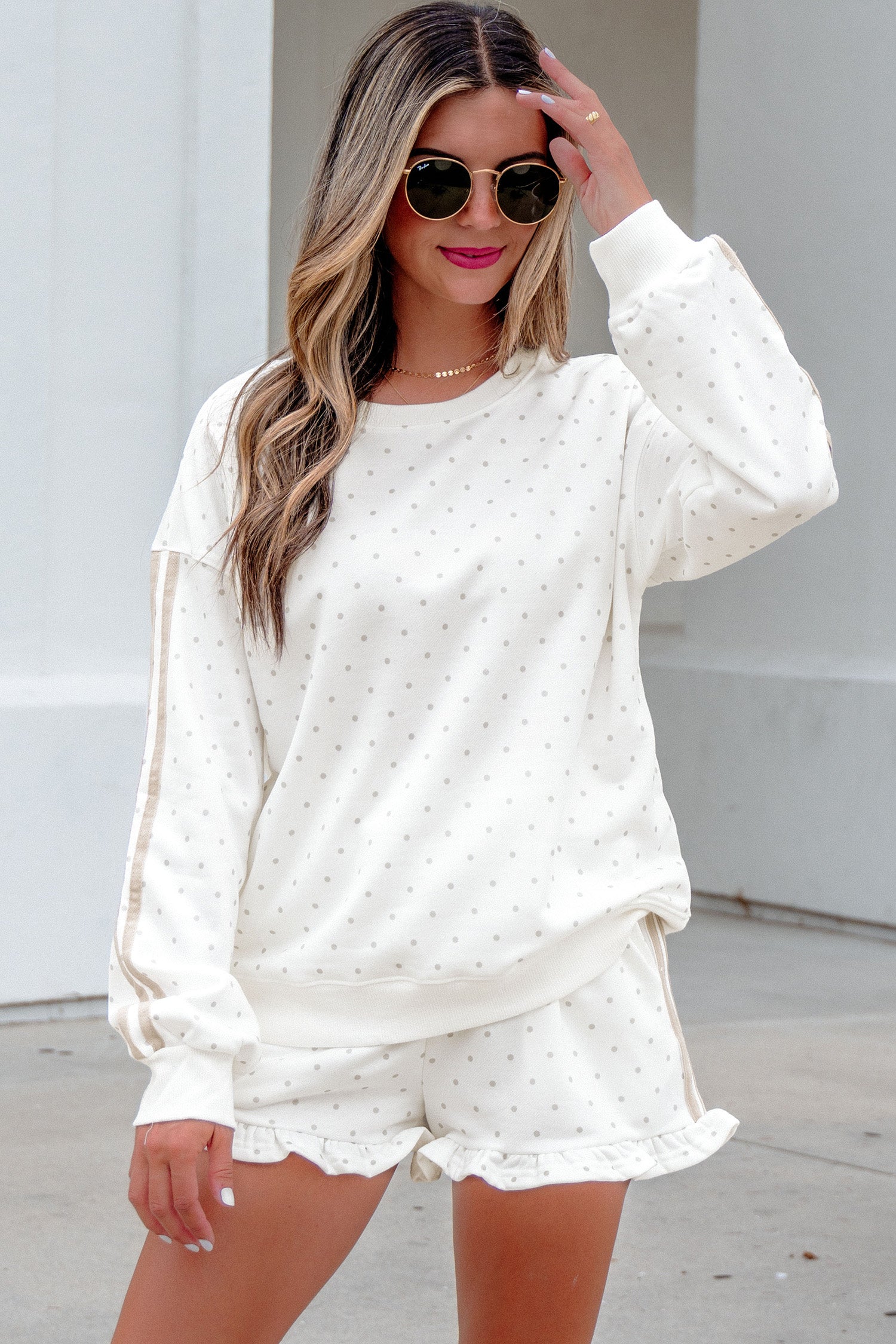 White Polka Dot Side Stripe Casual Sweatshirt & Shorts Set | UK 8–22