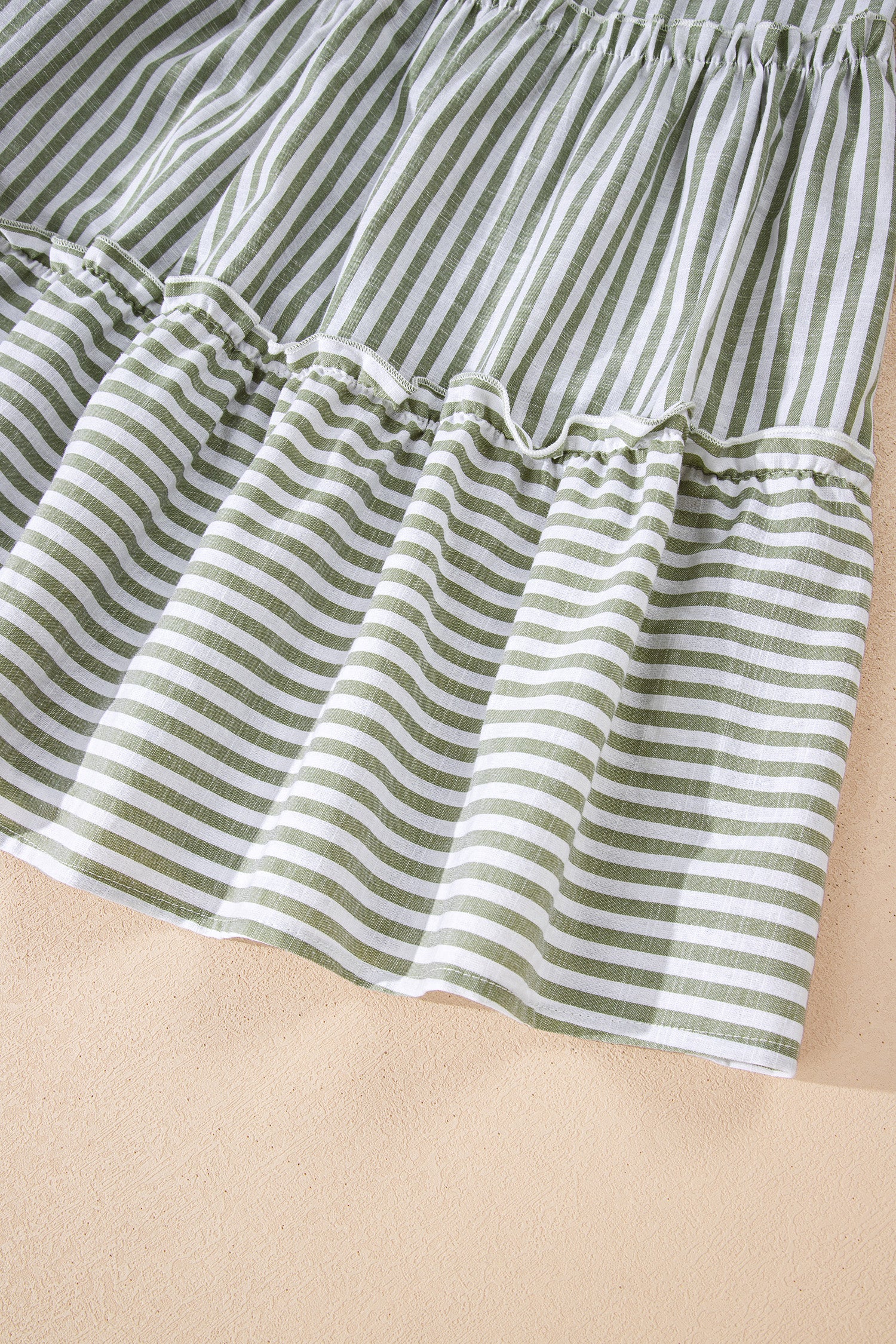 Green Stripe Tiered Dress Tasseled Tie Neck Ruffled Short Sleeve Women S-XL