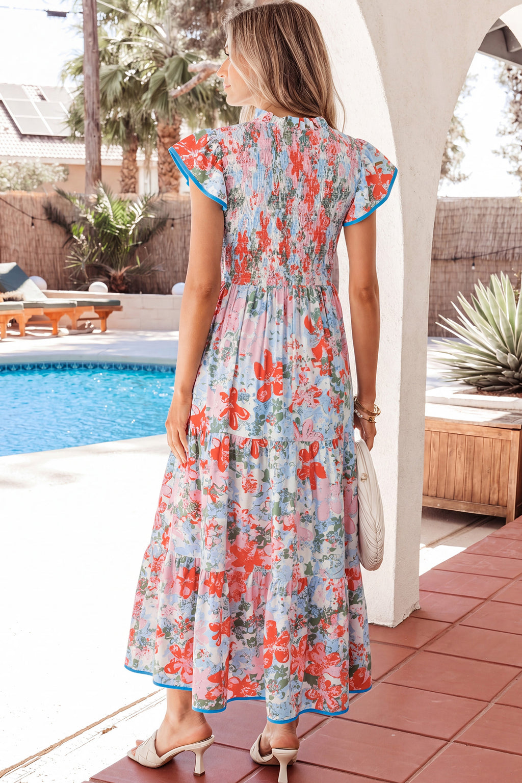 Apricot Floral Print Maxi Dress V Neck Flutter Sleeve Tiered Women S-XL