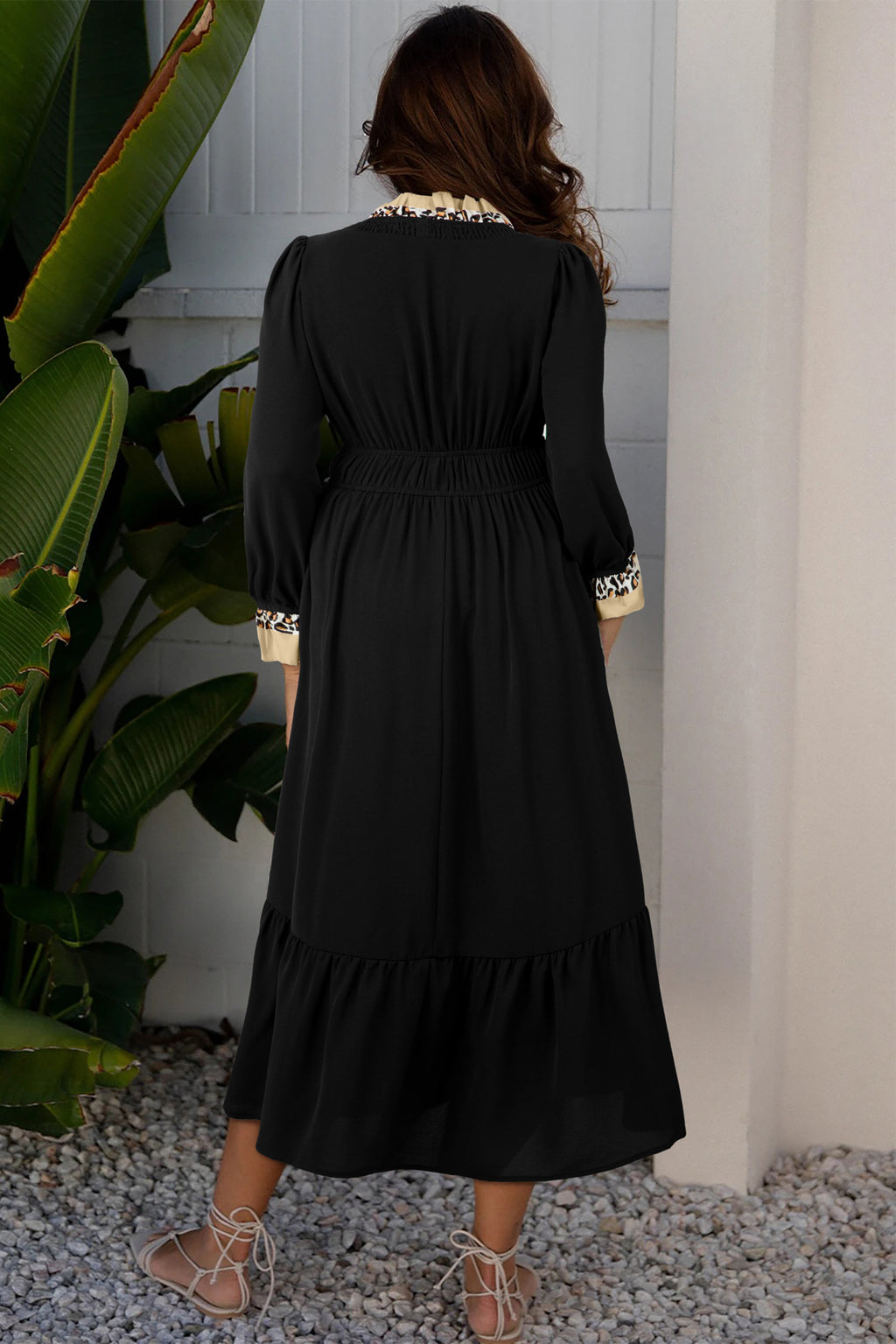 Women's Black Contrast Leopard Frilled Trim V Neck Bracelet Sleeve Midi Dress at LivelyLooks