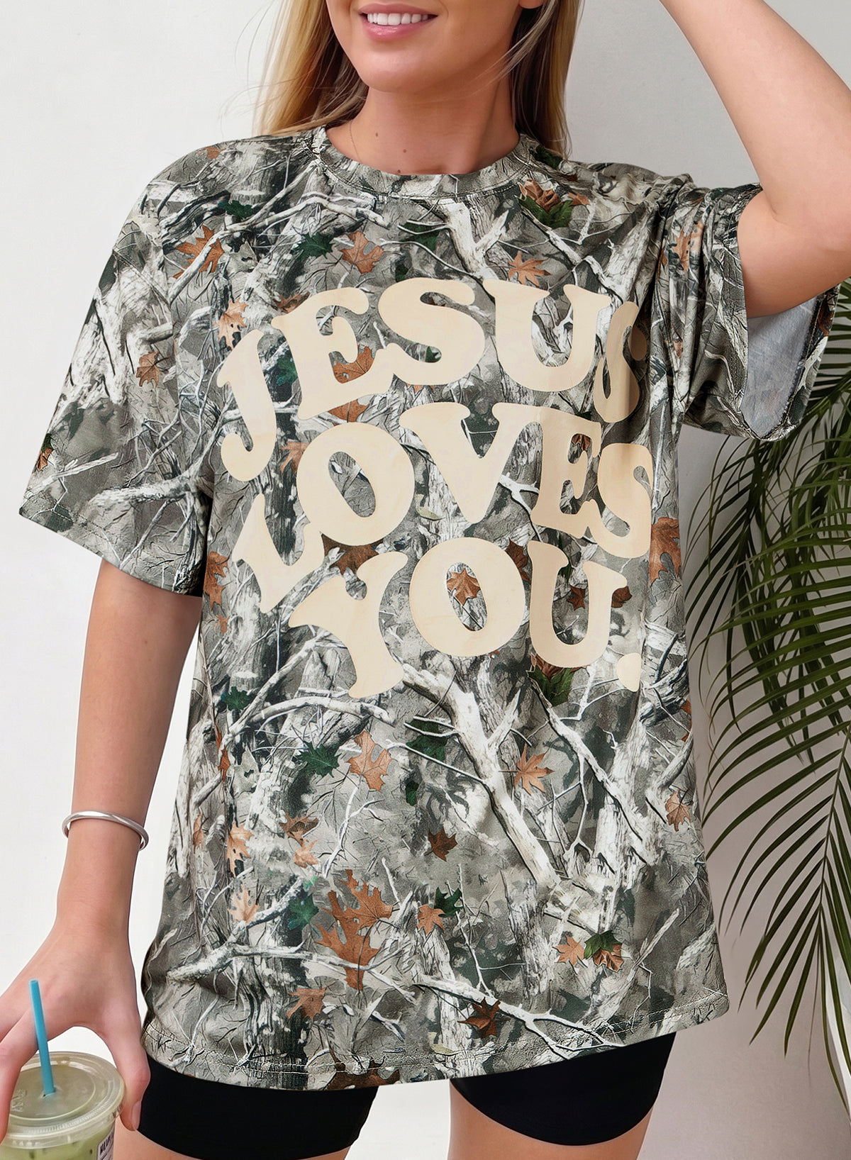 Beige & Pink Camo Love Like Jesus Graphic Casual Tee