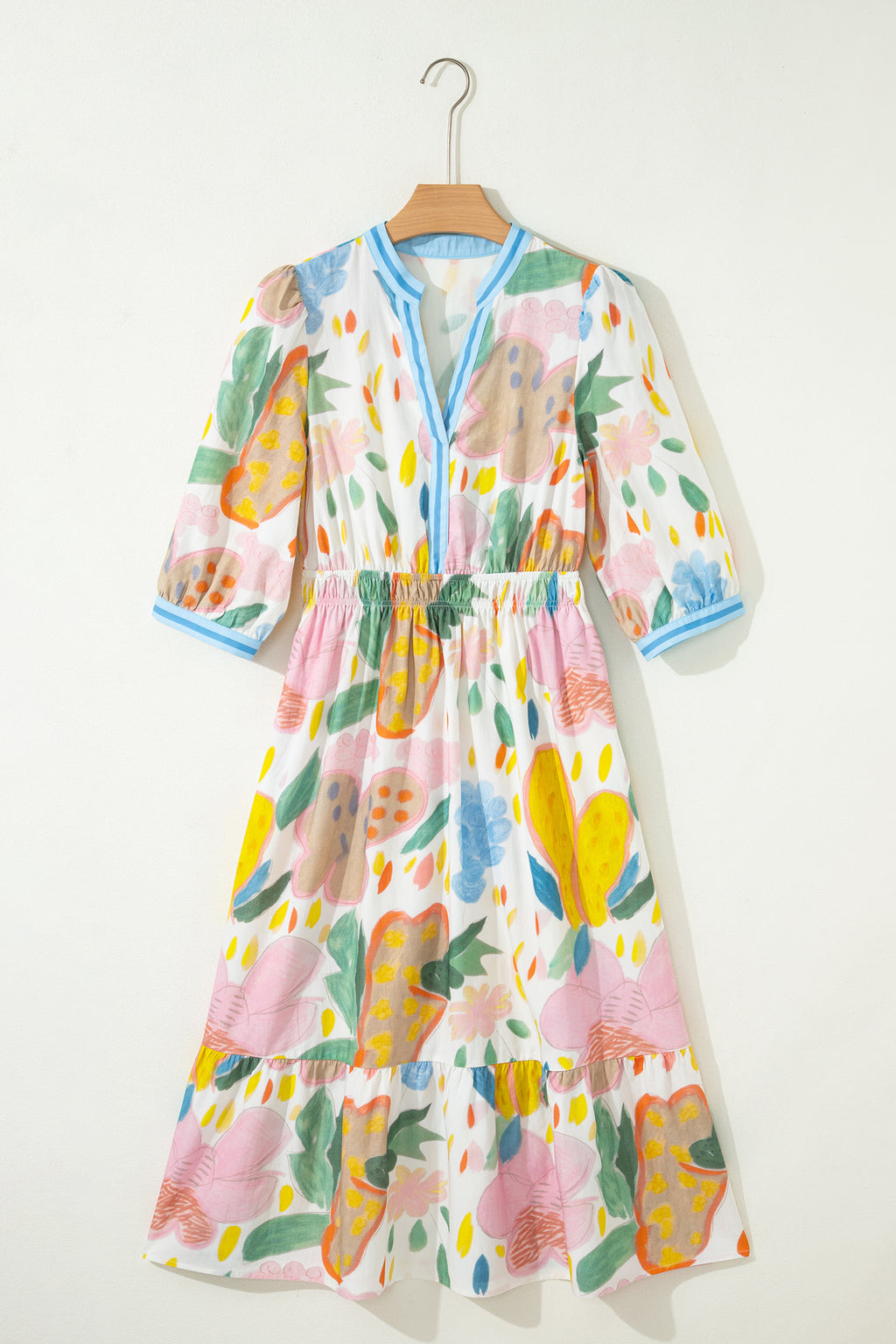 Multicolour Floral Doodle Print Striped Trim V Neck Midi Dress S-XL