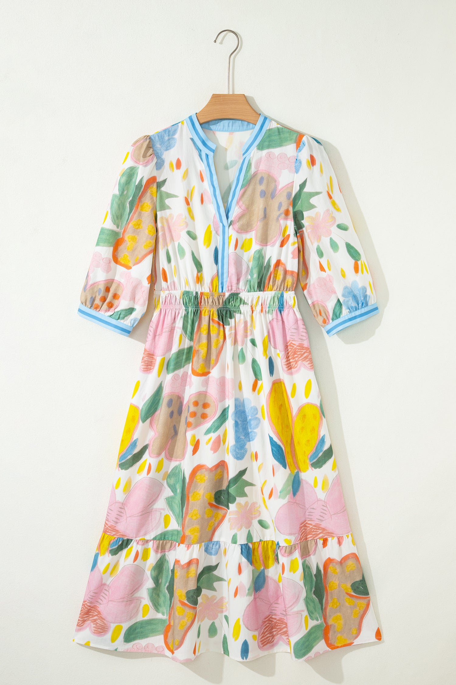 Multicolour Floral Doodle Print Striped Trim V Neck Midi Dress S-XL