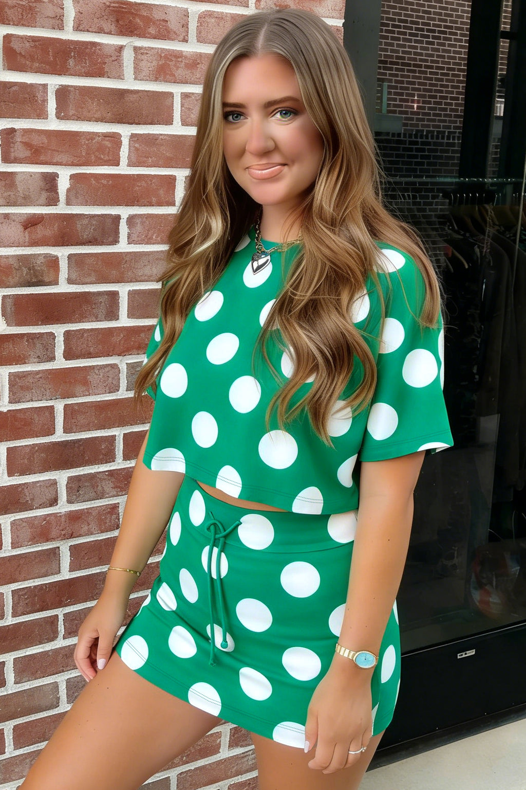 Green Polka Dot 2pcs Set Cropped Tee Bodycon Skort Women S-XL