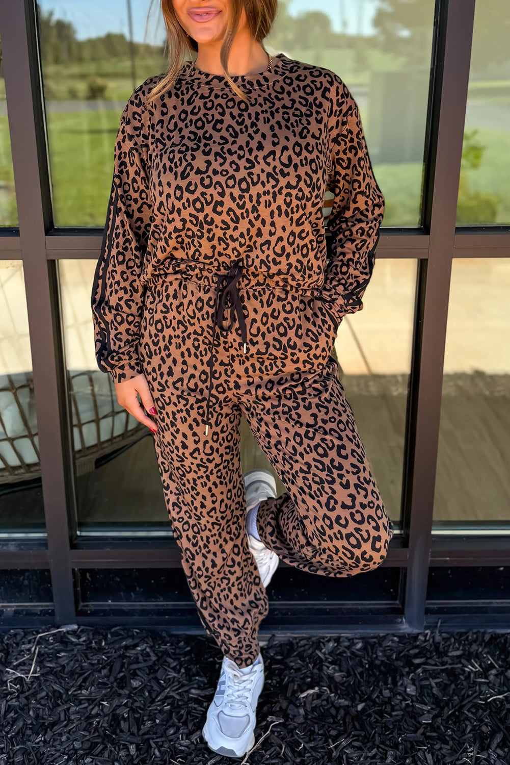 Brown Varsity Stripe Leopard Print Long Sleeve Top & Drawstring Trouser Set