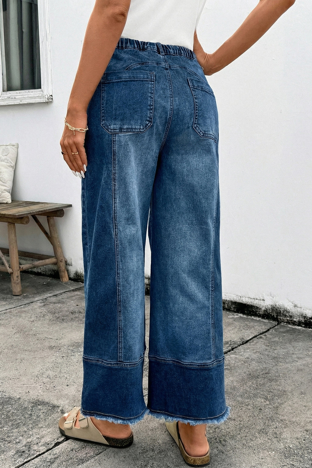 Shop Drawstring Seam Detail Raw Hem Wide Leg Denim Jeans UK 8-22 at LivelyLooks