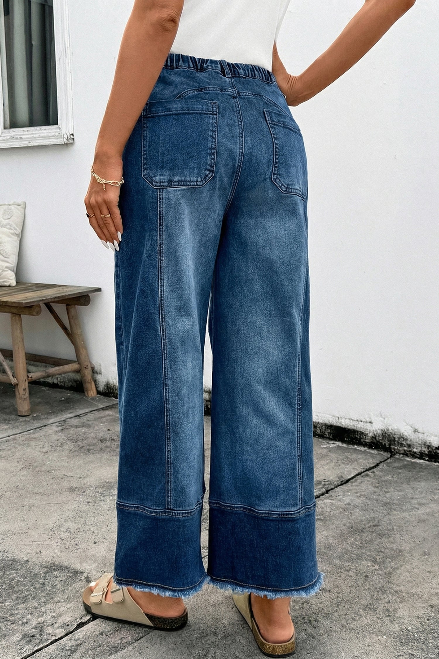 Shop Drawstring Seam Detail Raw Hem Wide Leg Denim Jeans UK 8-22 at LivelyLooks