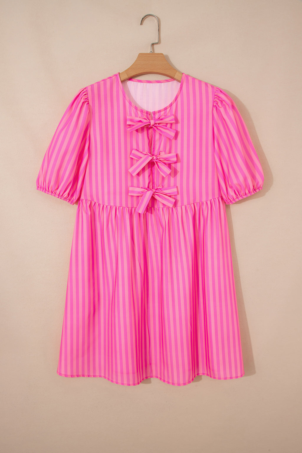 Women's Pink Striped Print Bow Detail Puff Sleeve Mini Dress S-XL at LivelyLooks
