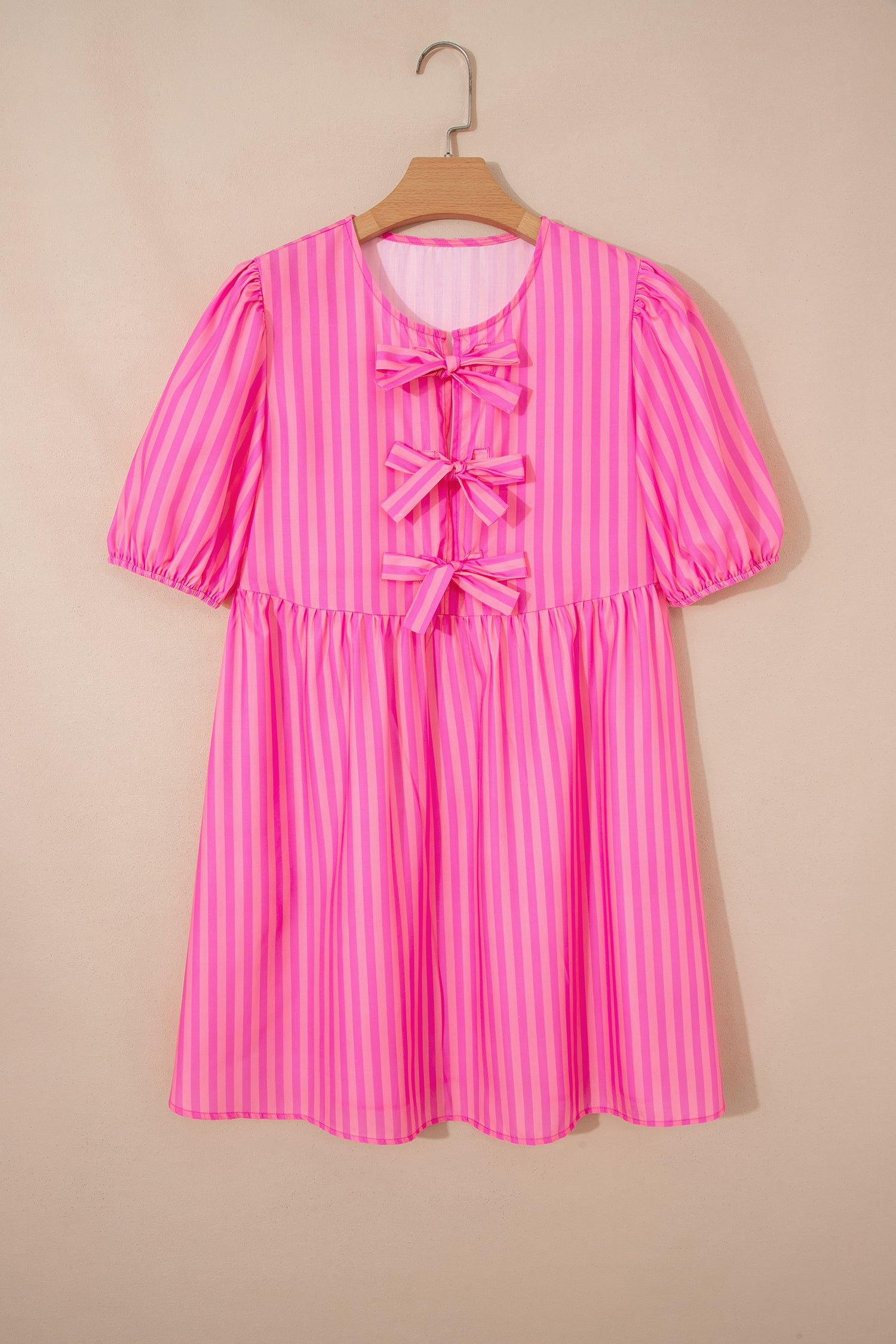 Women's Pink Striped Print Bow Detail Puff Sleeve Mini Dress S-XL at LivelyLooks