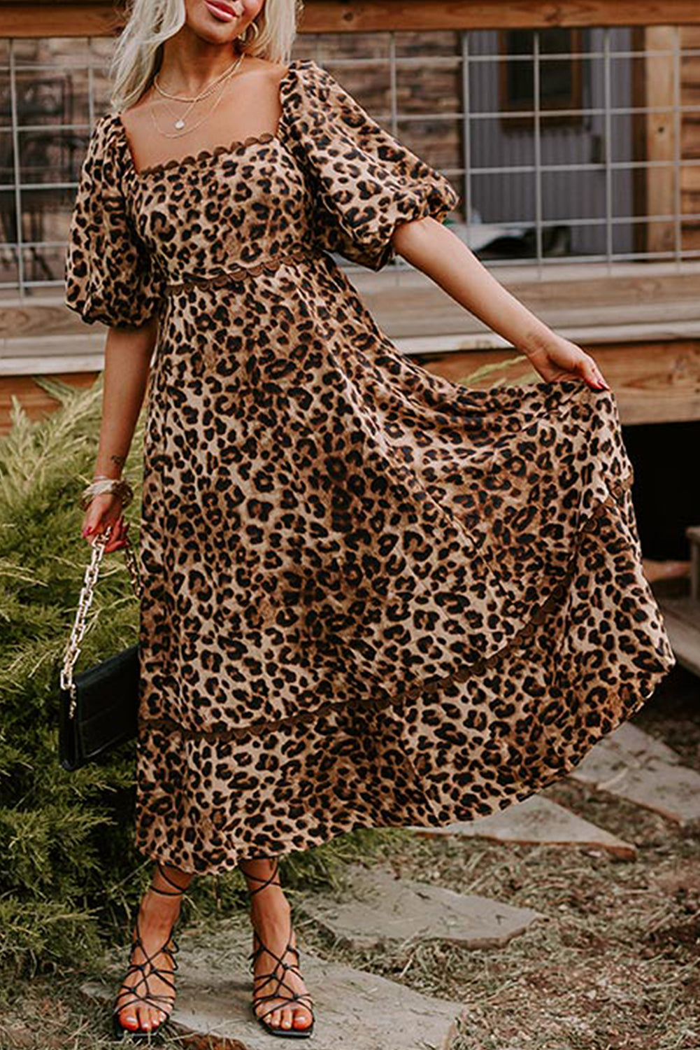 Women's Brown Leopard Print Bubble Sleeve Square Neck Maxi Dress at LivelyLooks