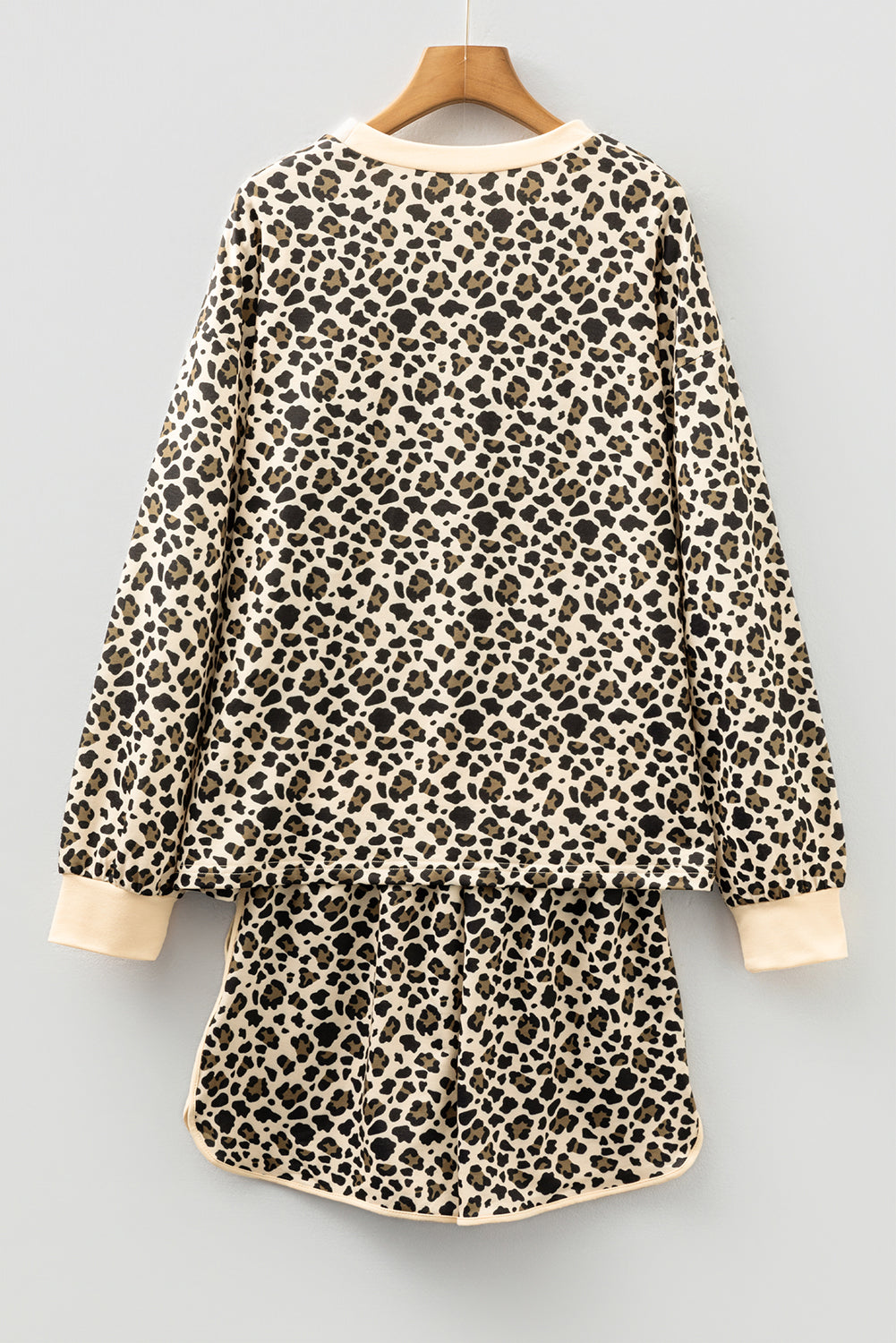 Brown Leopard Contrast Trim Pullover & Drawstring Shorts Set