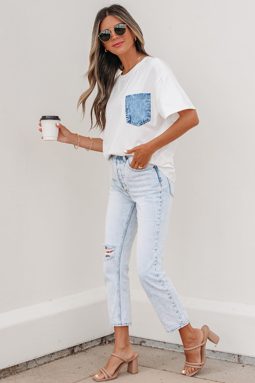 LivelyLooks Sail Blue Colour Block Chest Pocket Casual Short Sleeve Top women's fashion